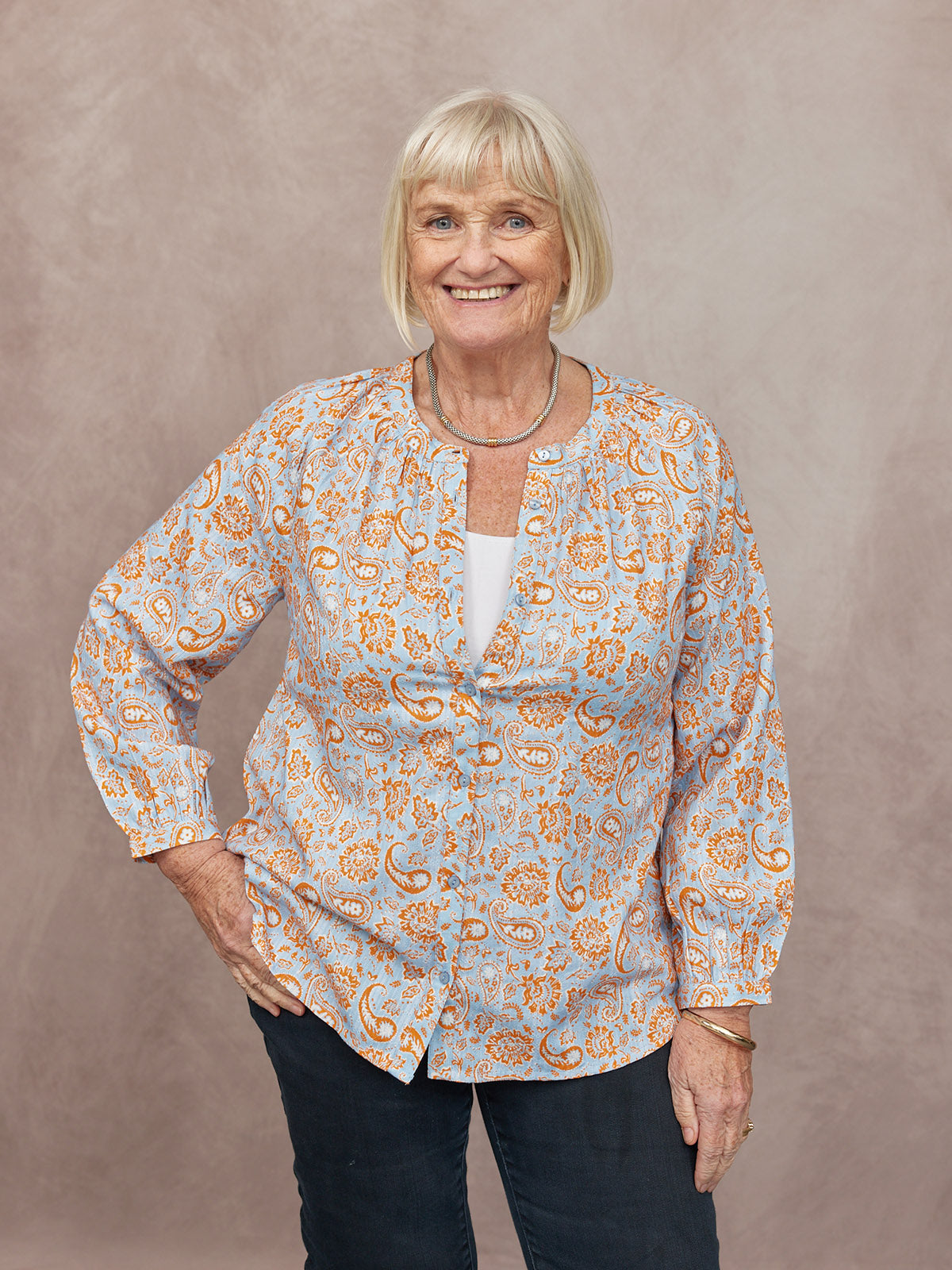 Niya Button-Through Blouse - Light Blue & Orange Paisley Print