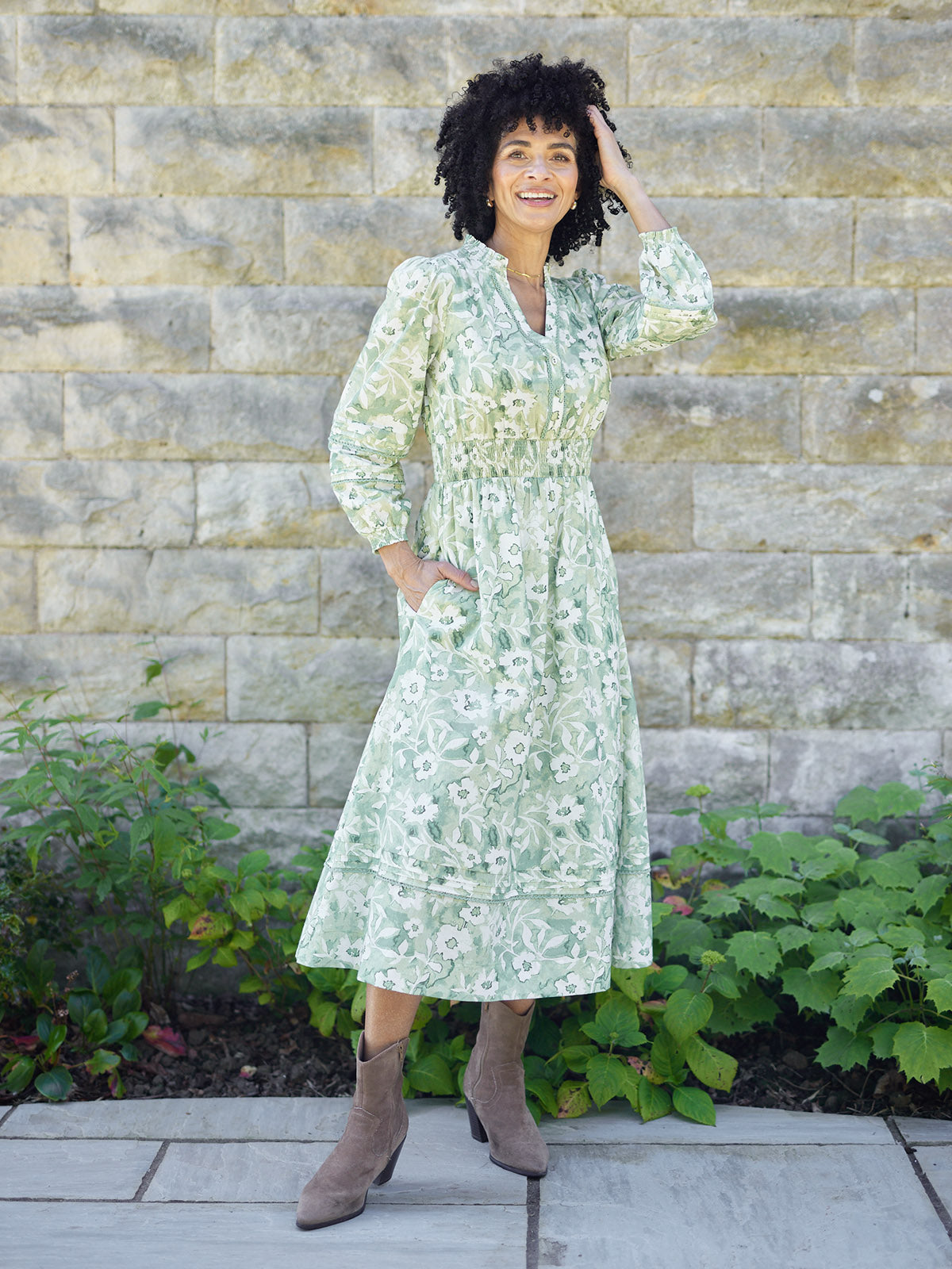May Long Sleeve Shirred Neckline Dress - Green & White Watercolour Floral Print