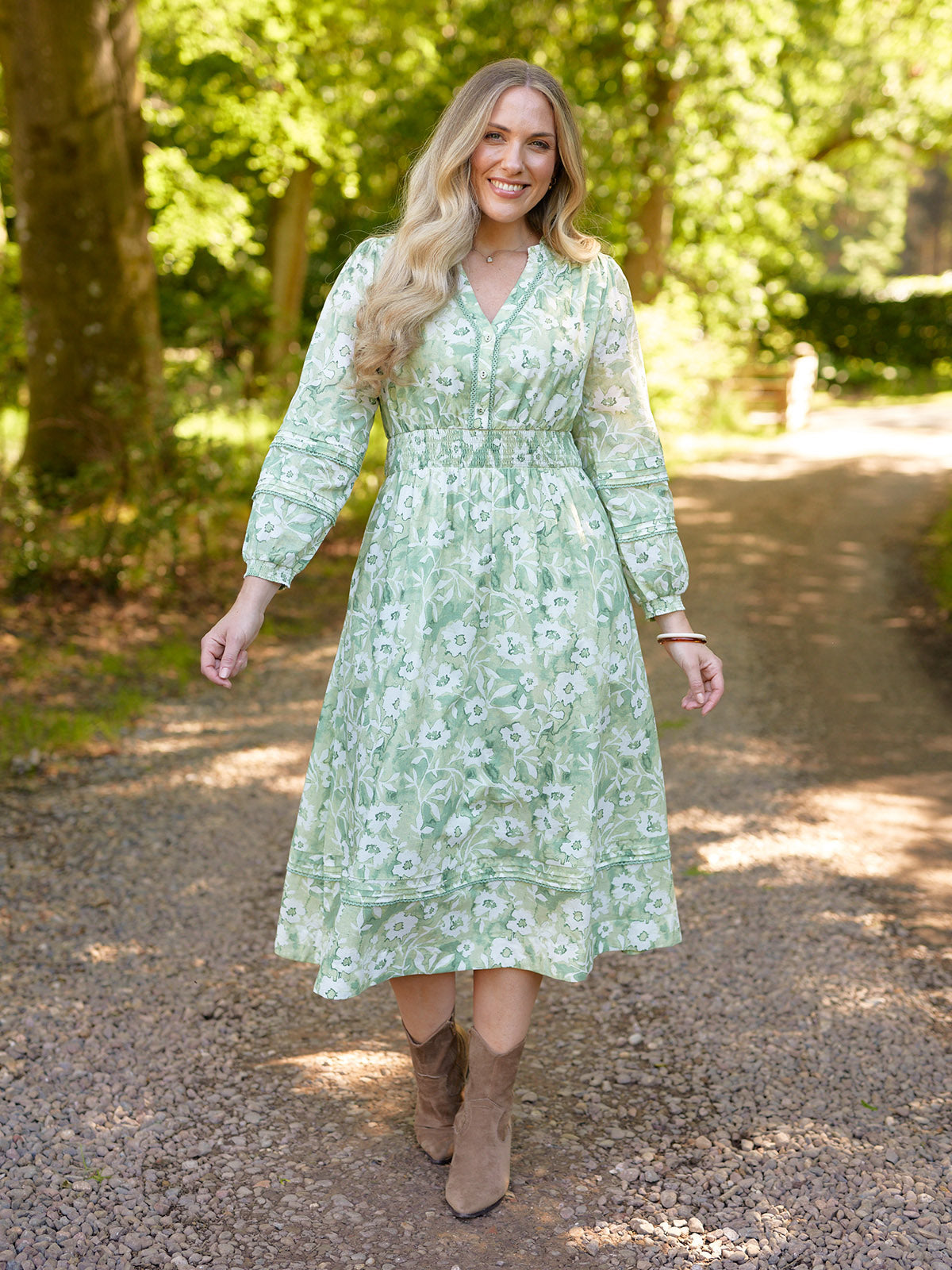 May Long Sleeve Shirred Neckline Dress - Green & White Watercolour Floral Print