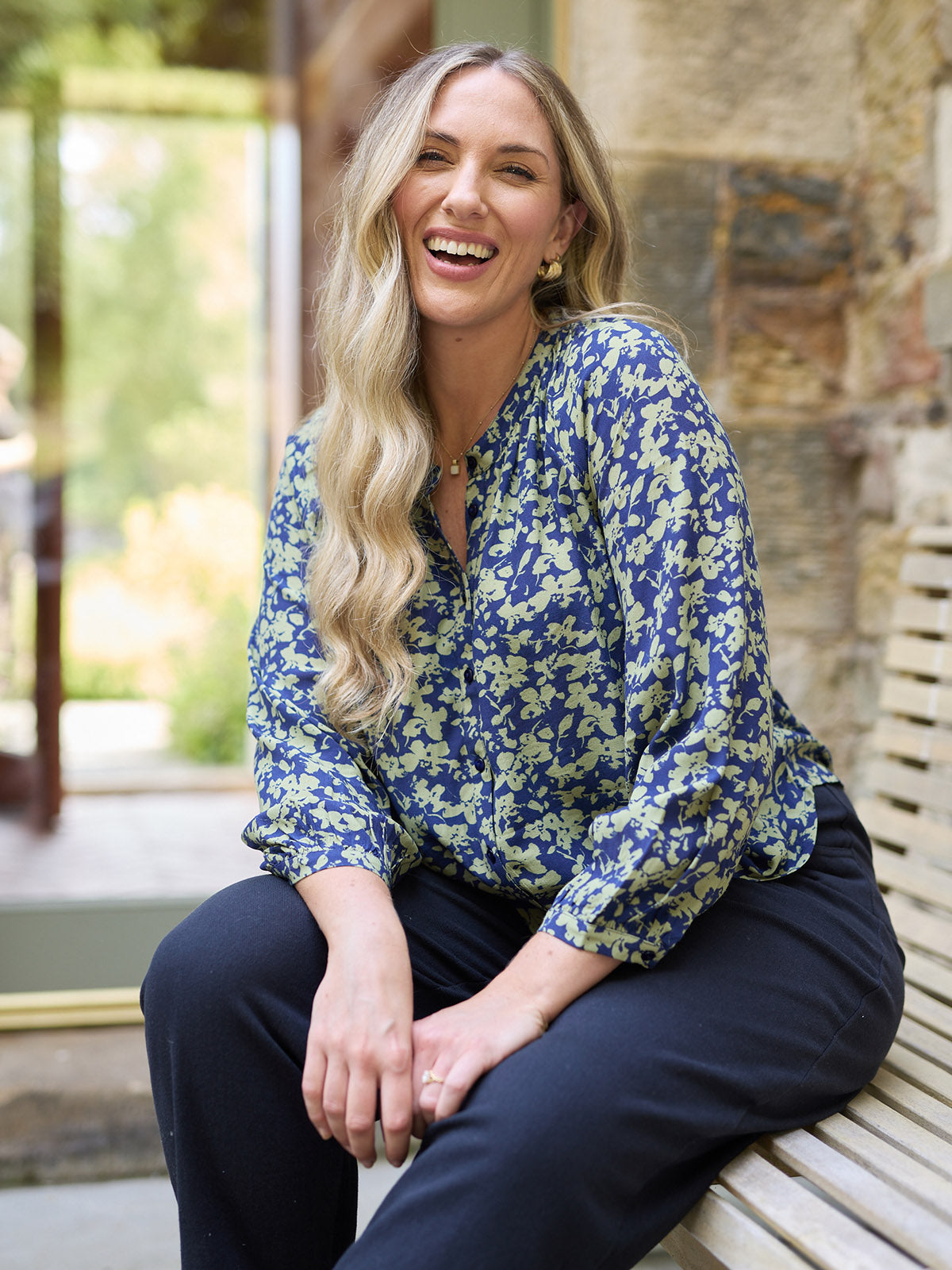 Niya Button Through Blouse - Navy & Green Leaf Print