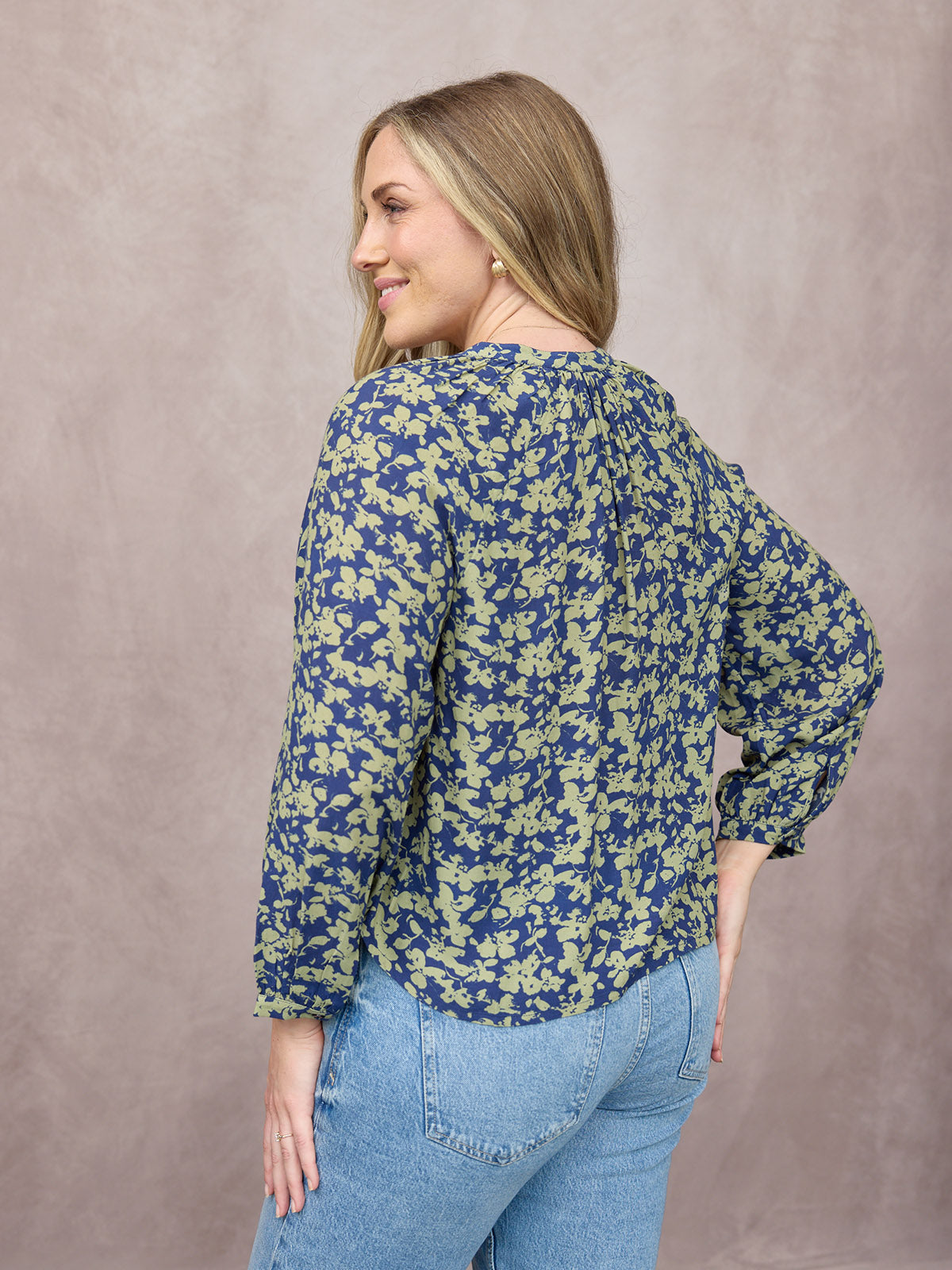 Niya Button Through Blouse - Navy & Green Leaf Print