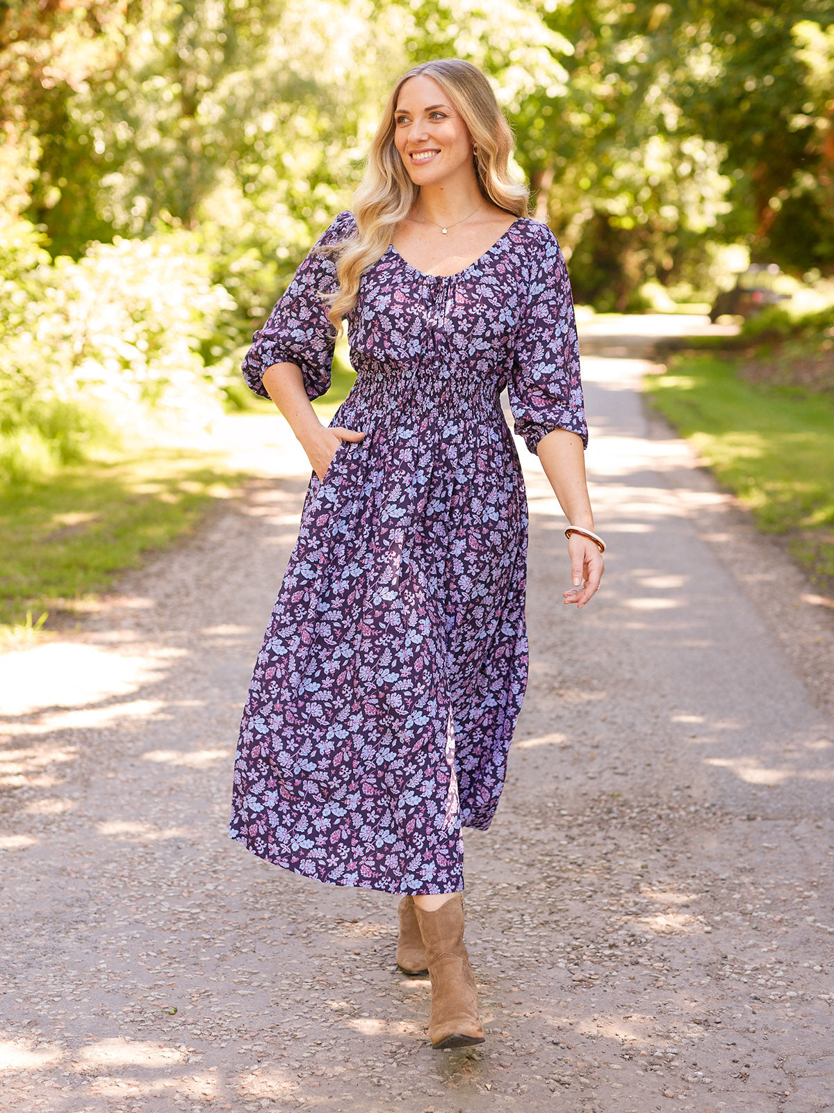 Marisol Scoop Neck Shirred Dress - Navy Floral