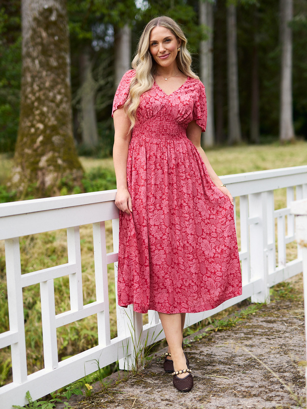 Maddie Short Angel Sleeve Dress -  Red & Pink Abstract Flower Print