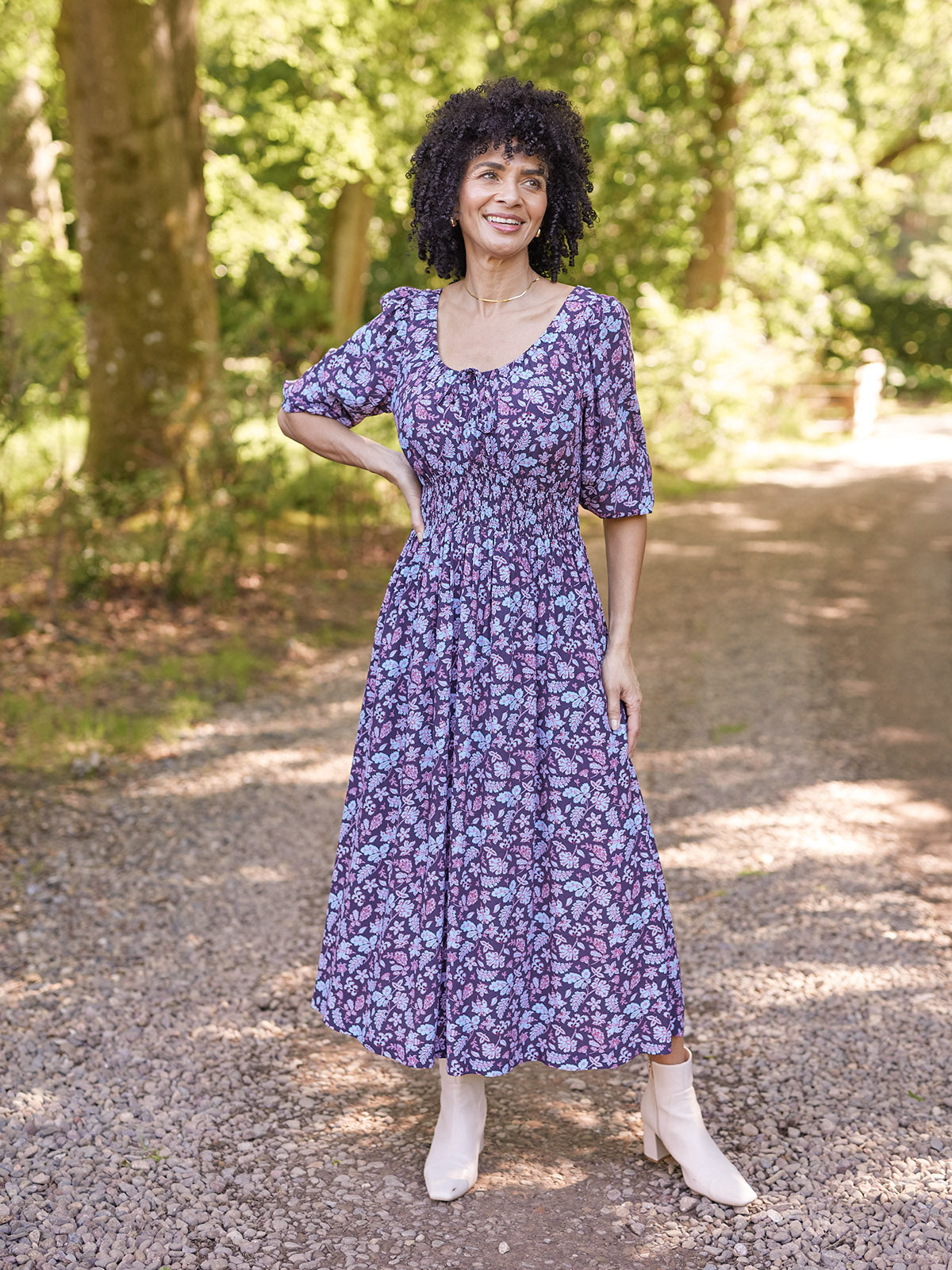 Marisol Scoop Neck Shirred Dress - Navy Floral