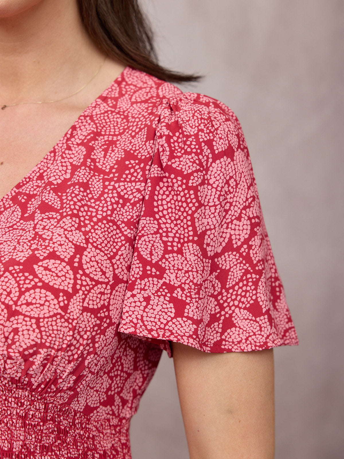 Maddie Short Angel Sleeve Dress -  Red & Pink Abstract Flower Print