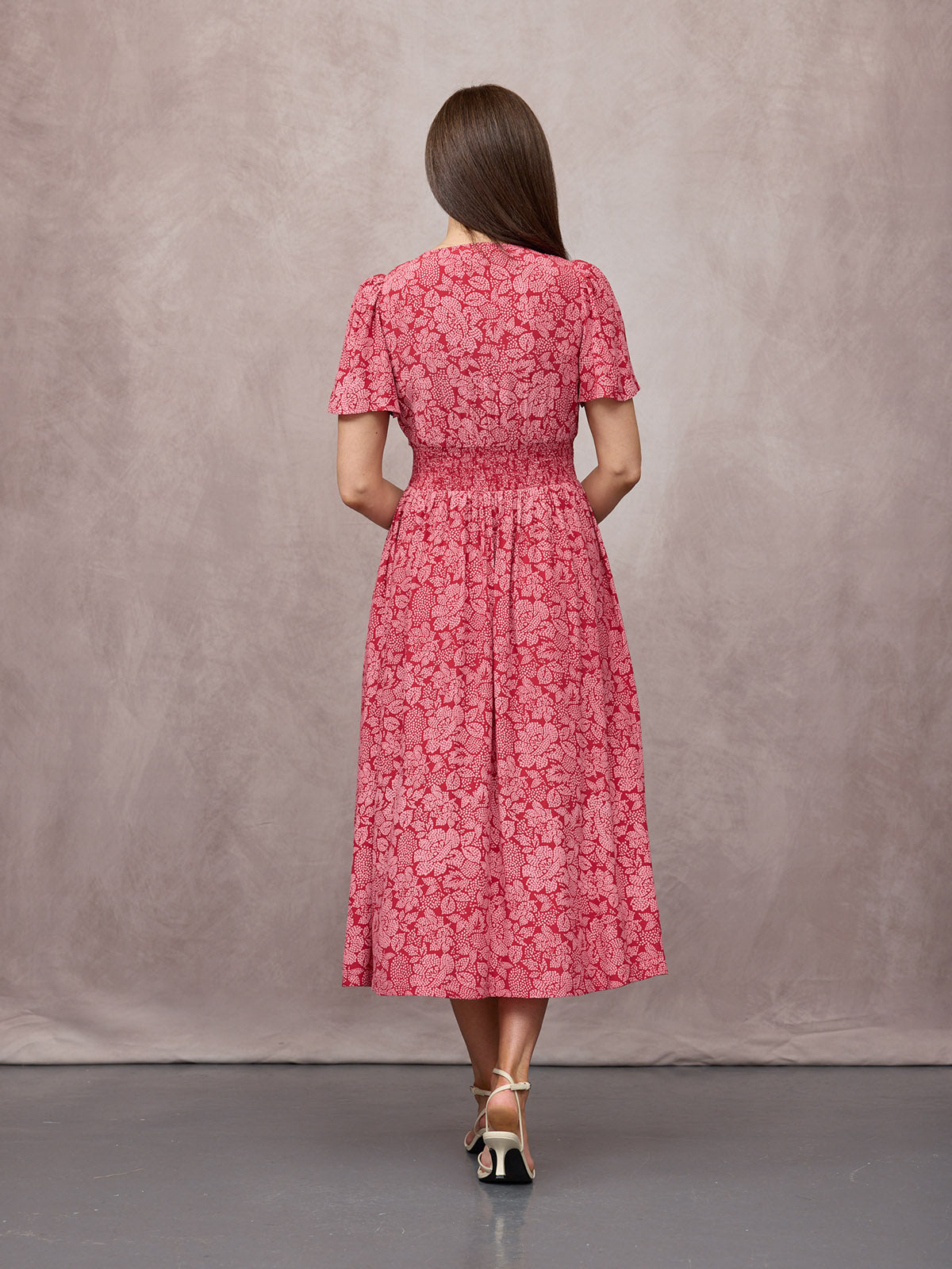Maddie Short Angel Sleeve Dress -  Red & Pink Abstract Flower Print