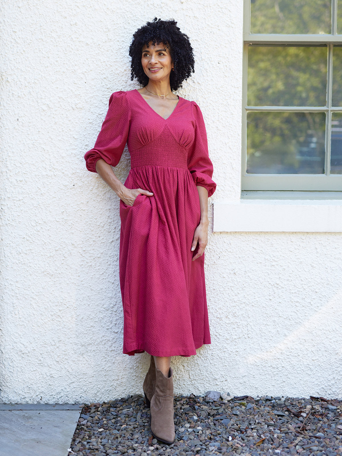 Maddie V-Neck Long Sleeve Jacquard Dress - Dark Pink