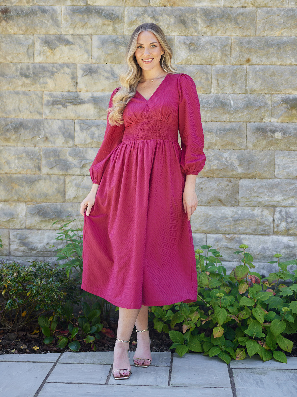 Maddie V-Neck Long Sleeve Jacquard Dress - Dark Pink