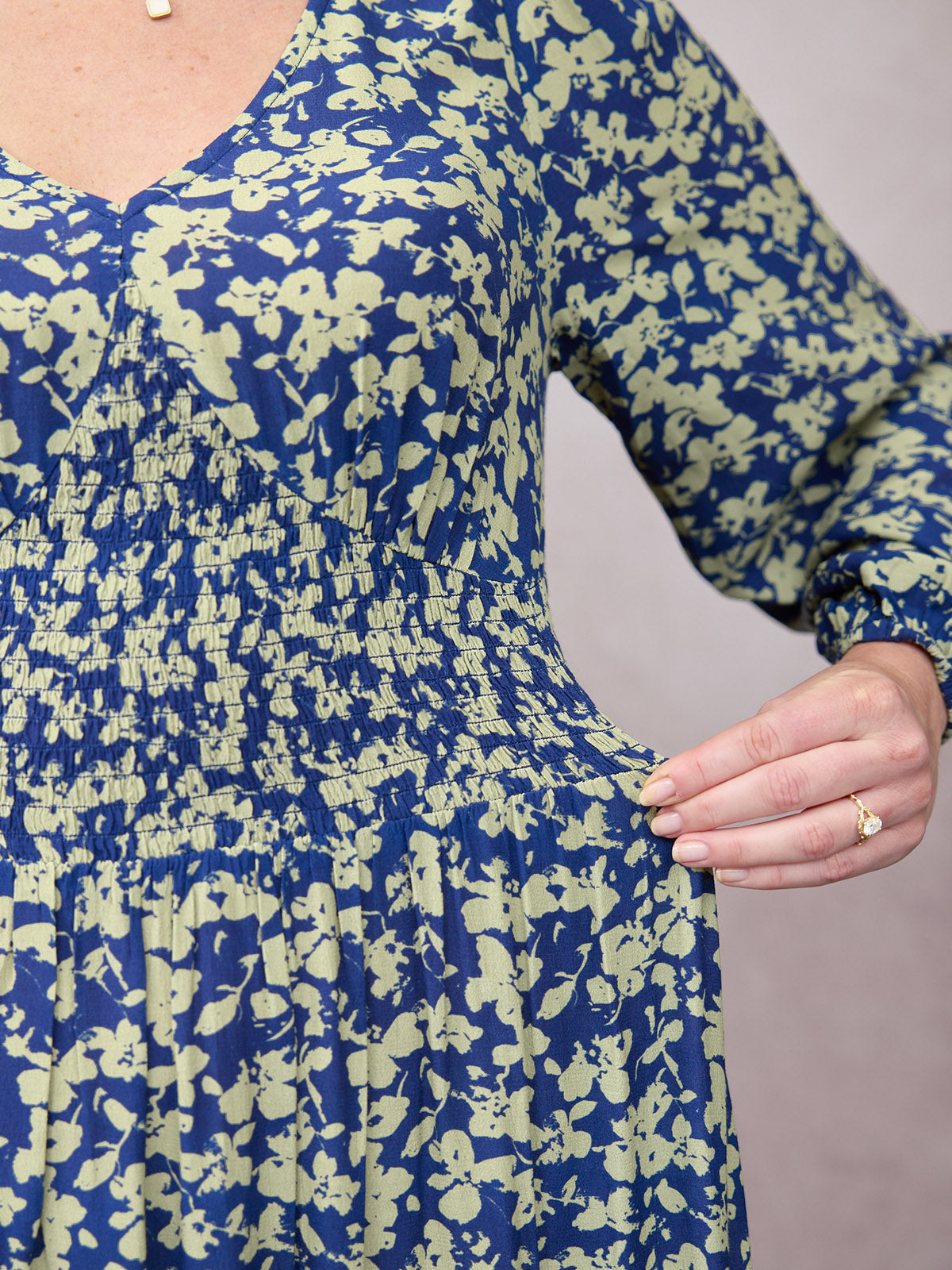 Maddie Long Sleeve Dress - Navy & Green Leaf Print