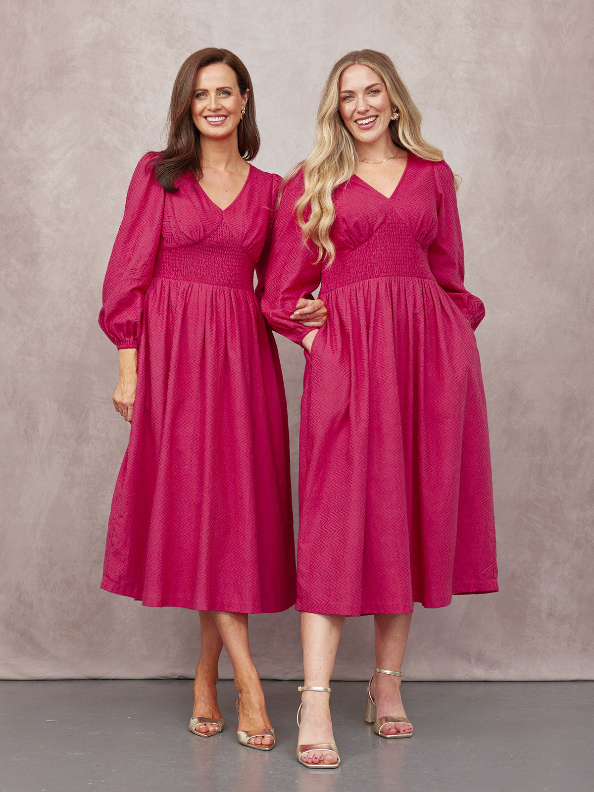 Maddie V-Neck Long Sleeve Jacquard Dress - Dark Pink