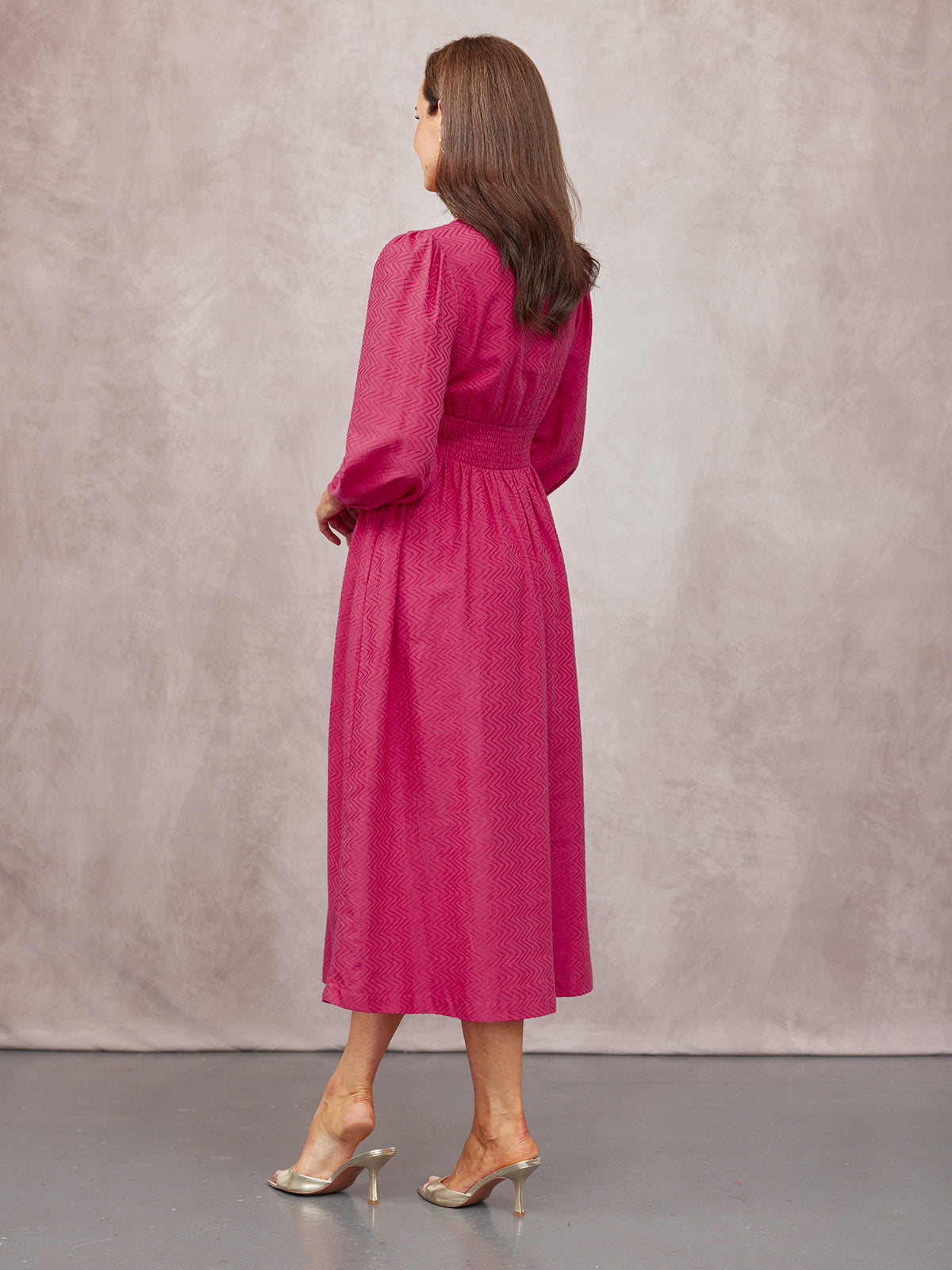 Maddie V-Neck Long Sleeve Jacquard Dress - Dark Pink