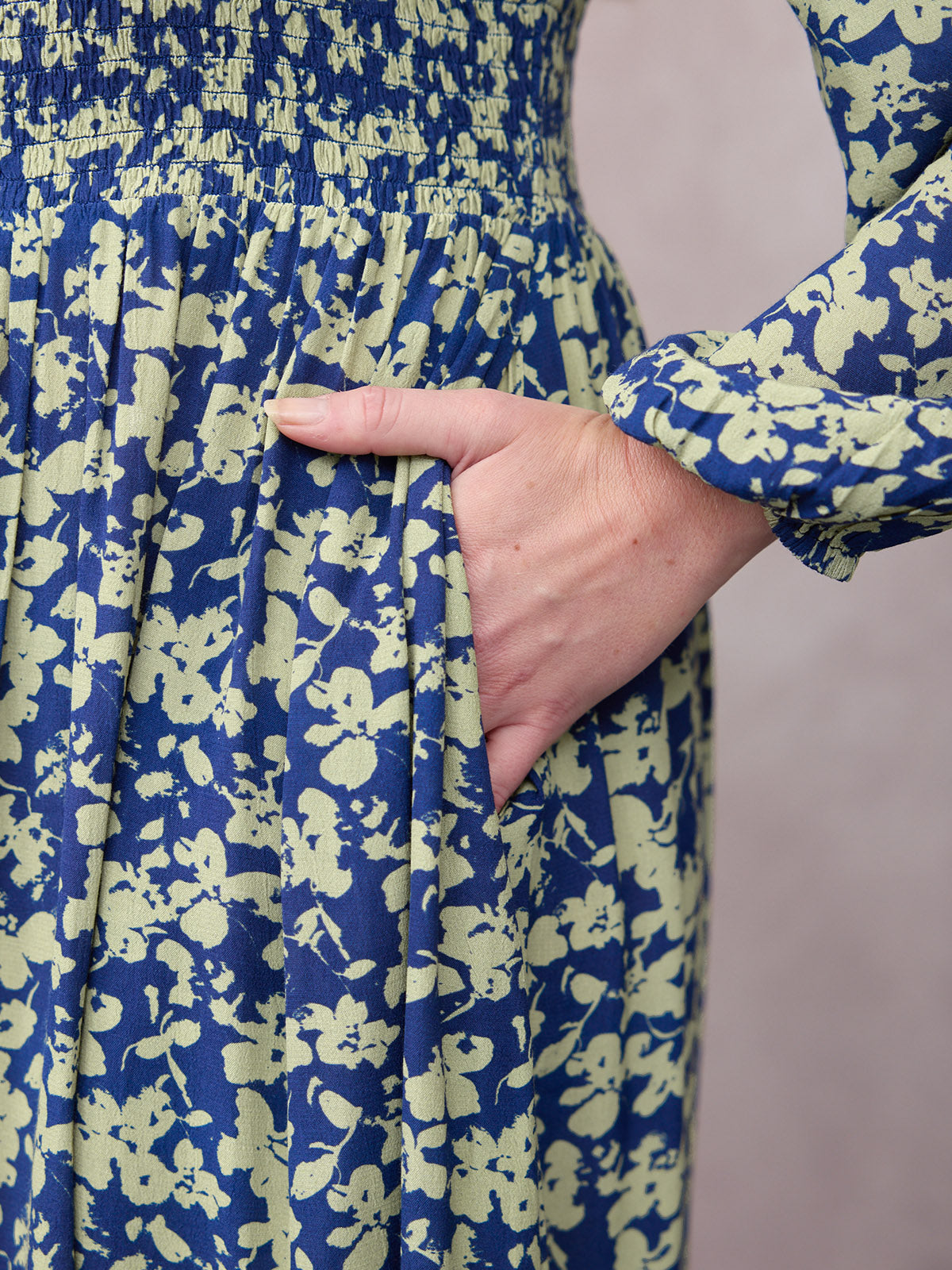 Maddie Long Sleeve Dress - Navy & Green Leaf Print