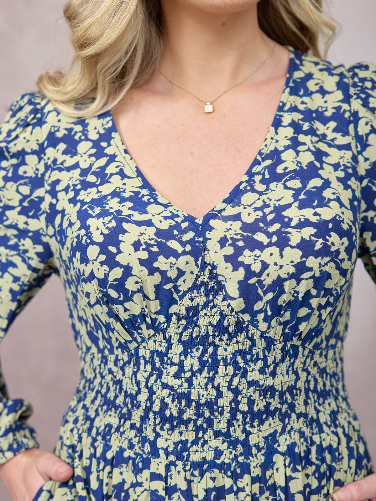 Maddie Long Sleeve Dress - Navy & Green Leaf Print