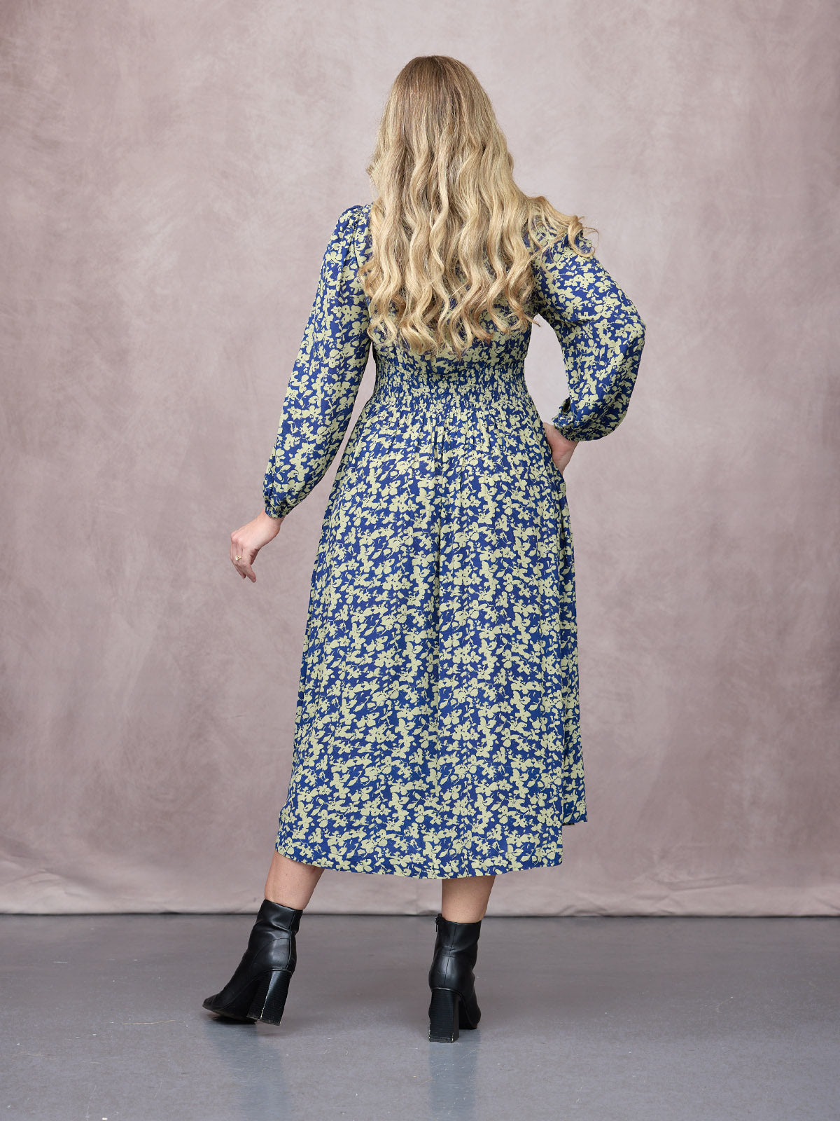 Maddie Long Sleeve Dress - Navy & Green Leaf Print