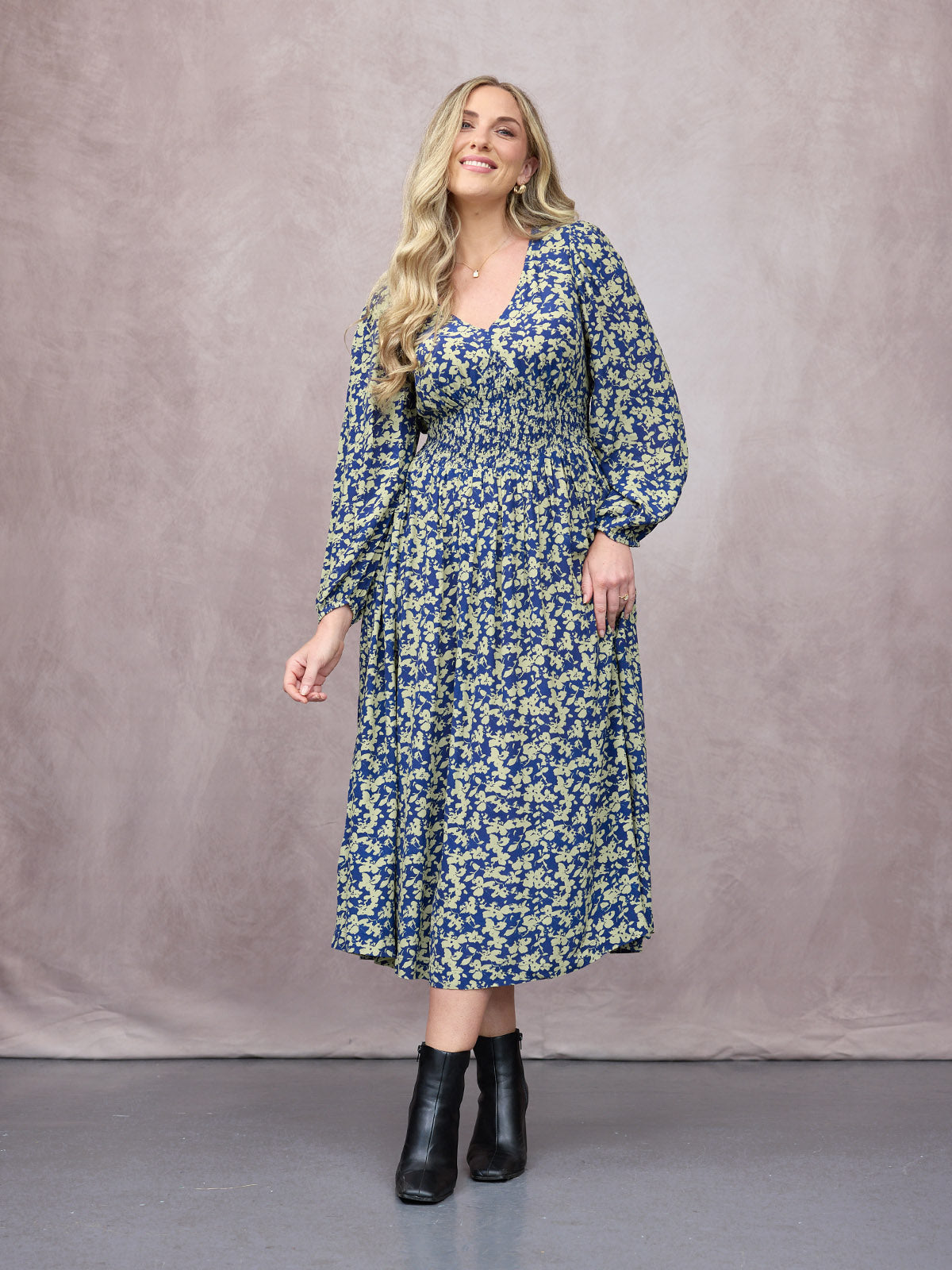 Maddie Long Sleeve Dress - Navy & Green Leaf Print