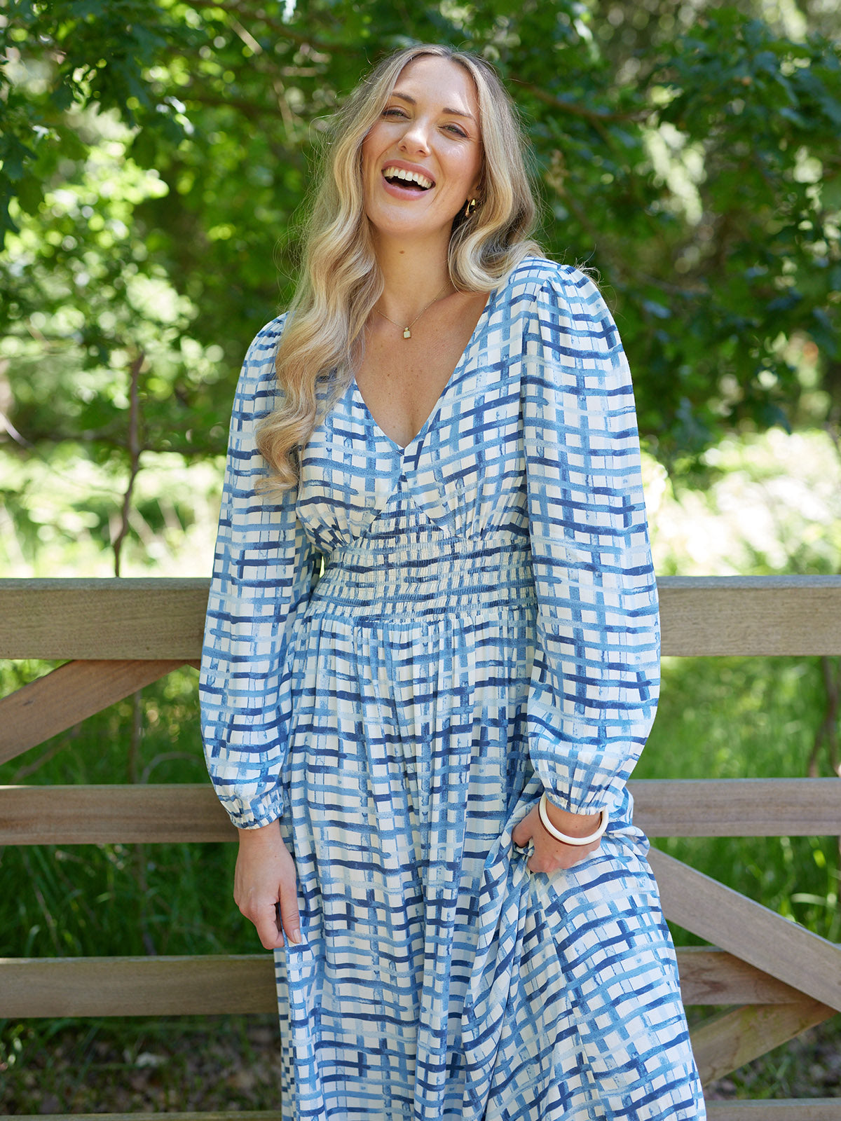 Maddie V-Neck Long Sleeve Dress - Geometric Blue & White Print