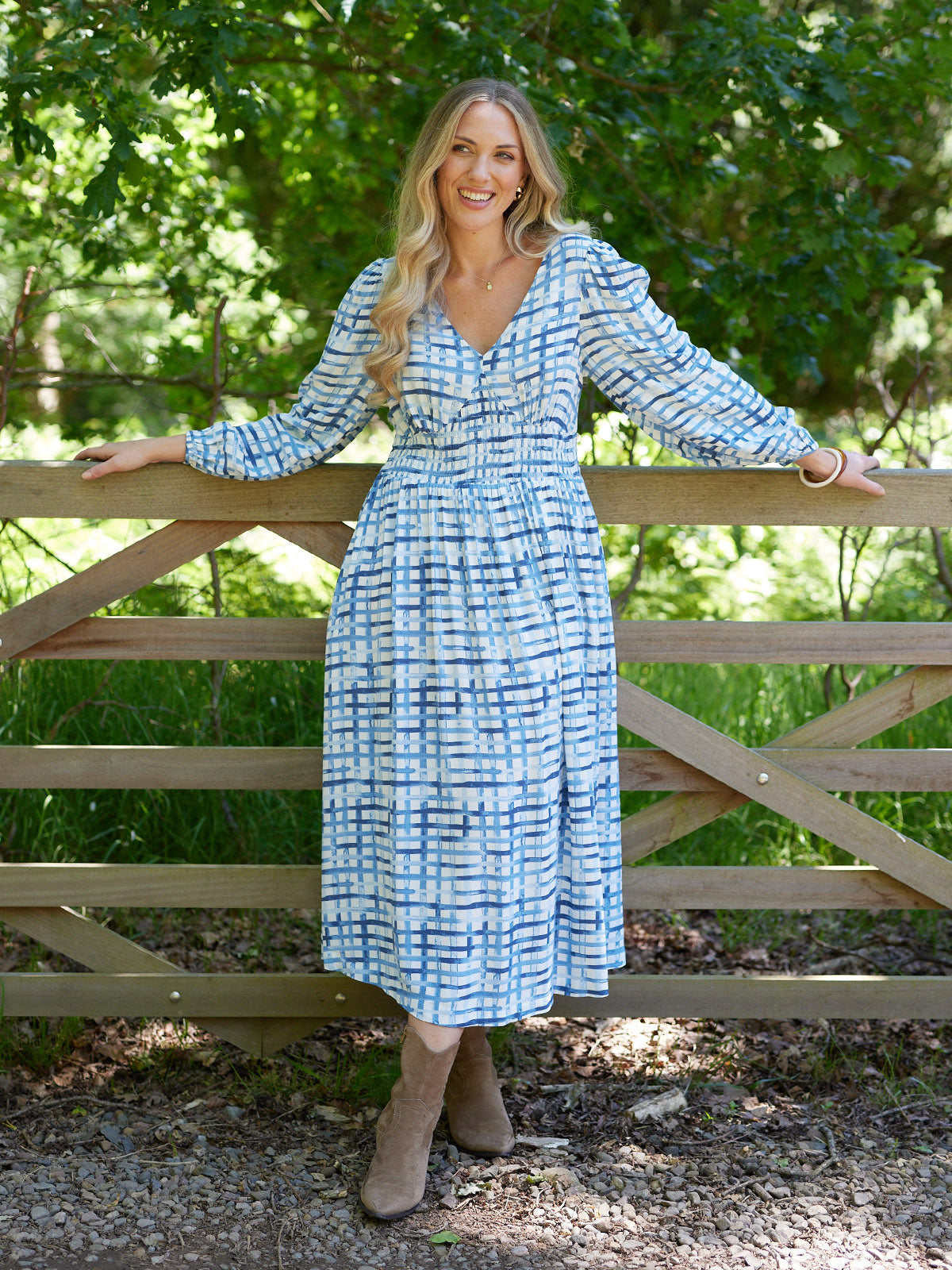 Maddie V-Neck Long Sleeve Dress - Geometric Blue & White Print