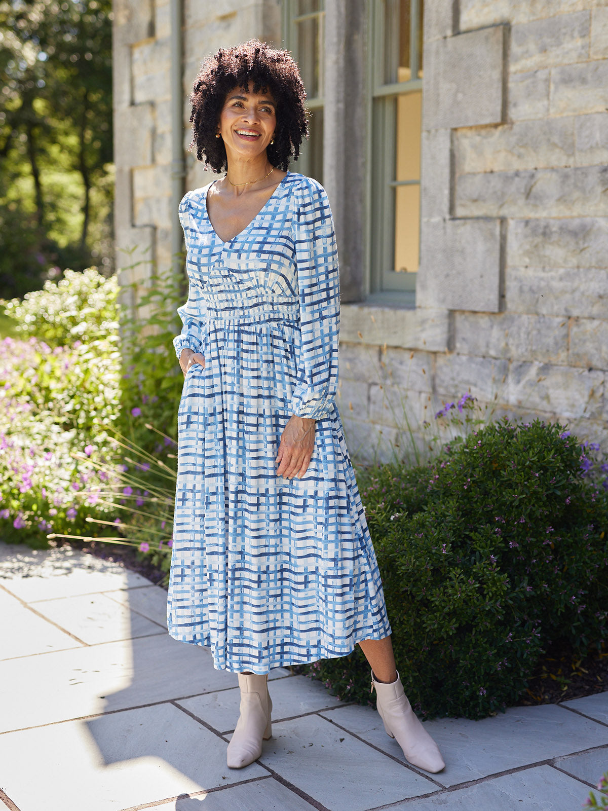 Maddie V-Neck Long Sleeve Dress - Geometric Blue & White Print