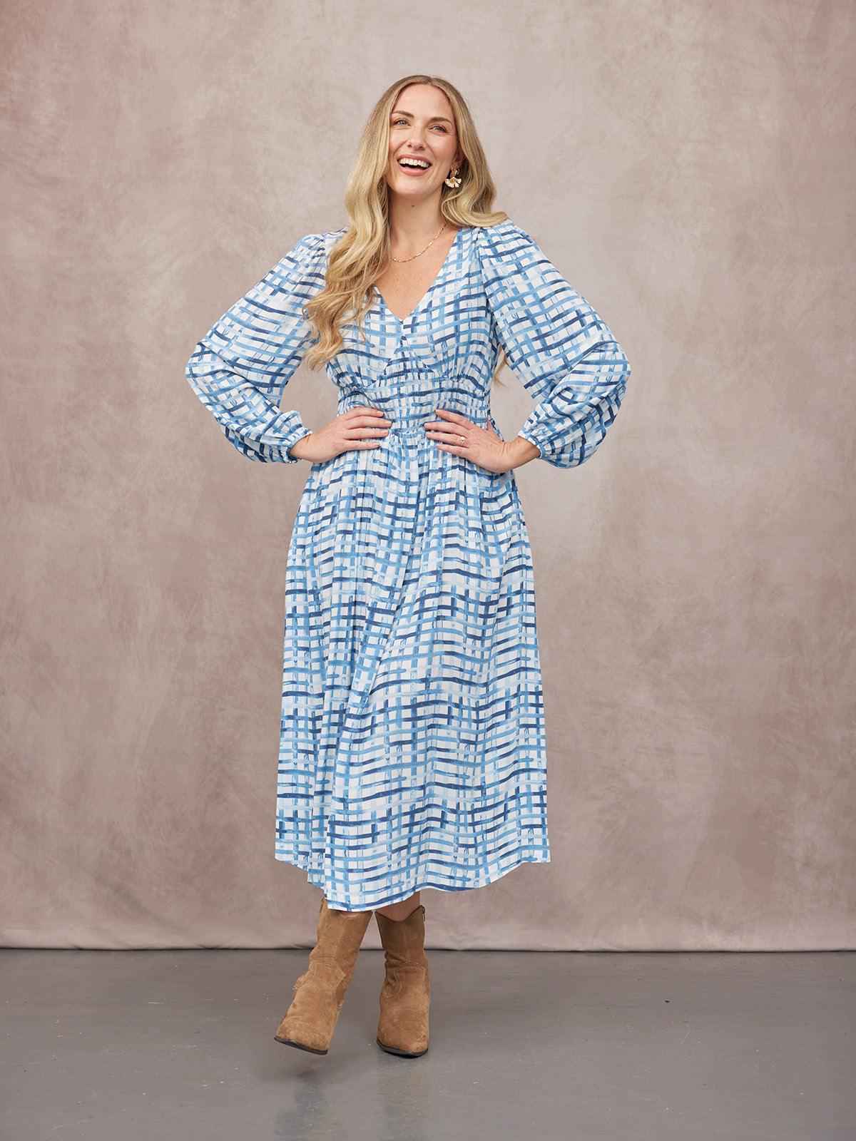 Maddie V-Neck Long Sleeve Dress - Geometric Blue & White Print