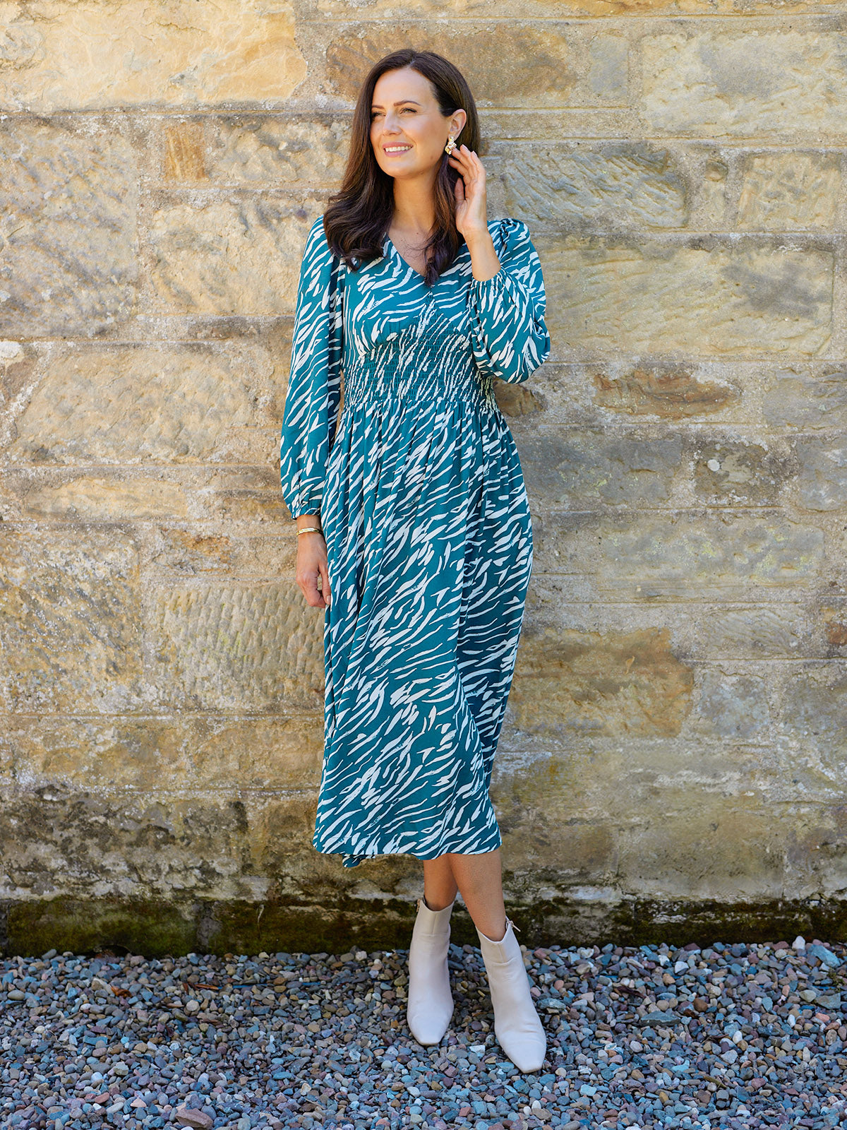 Maddie V-Neck Long Sleeve Dress - Abstract Animal Green & Ecru Print