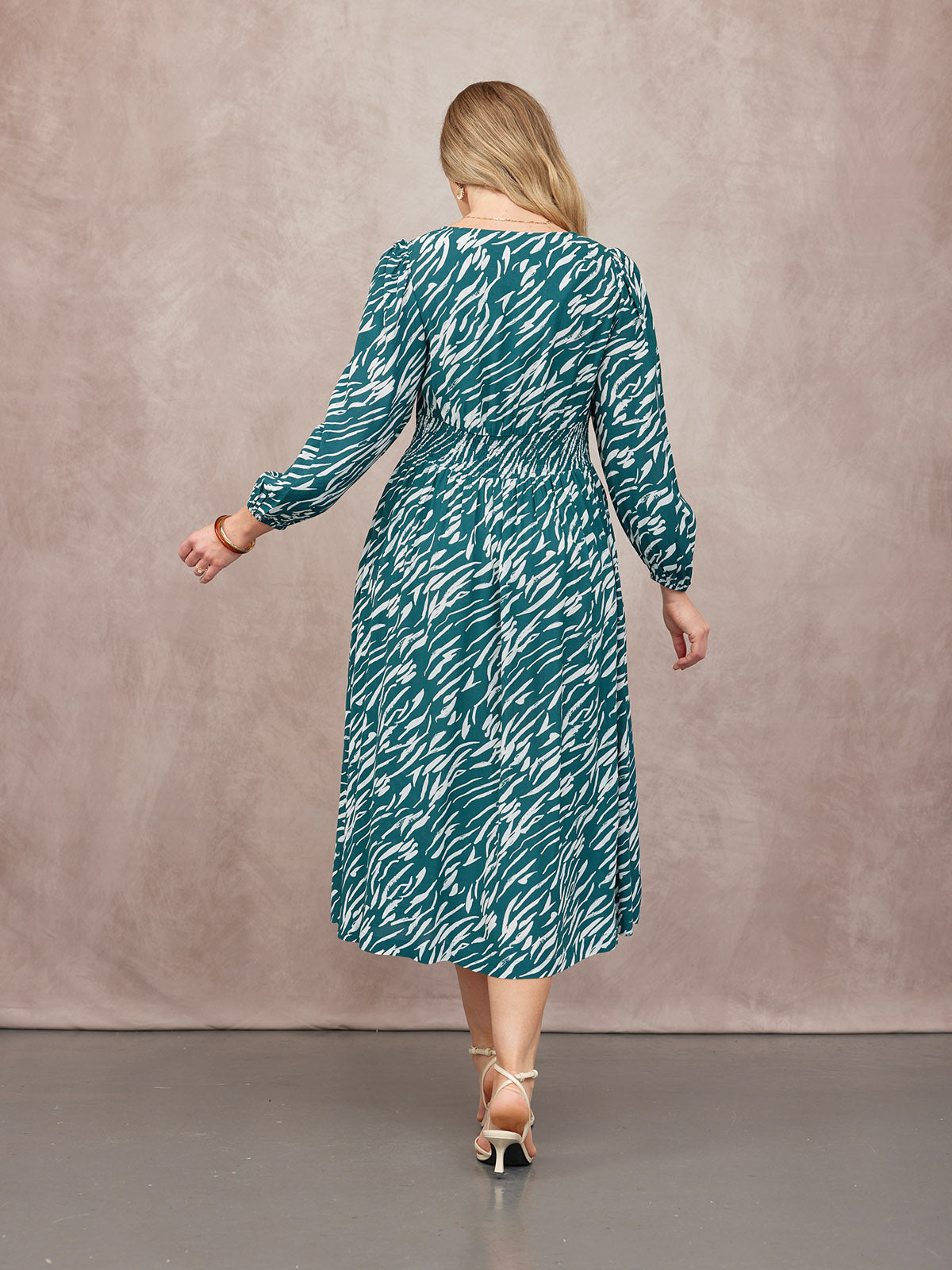 Maddie V-Neck Long Sleeve Dress - Abstract Animal Green & Ecru Print