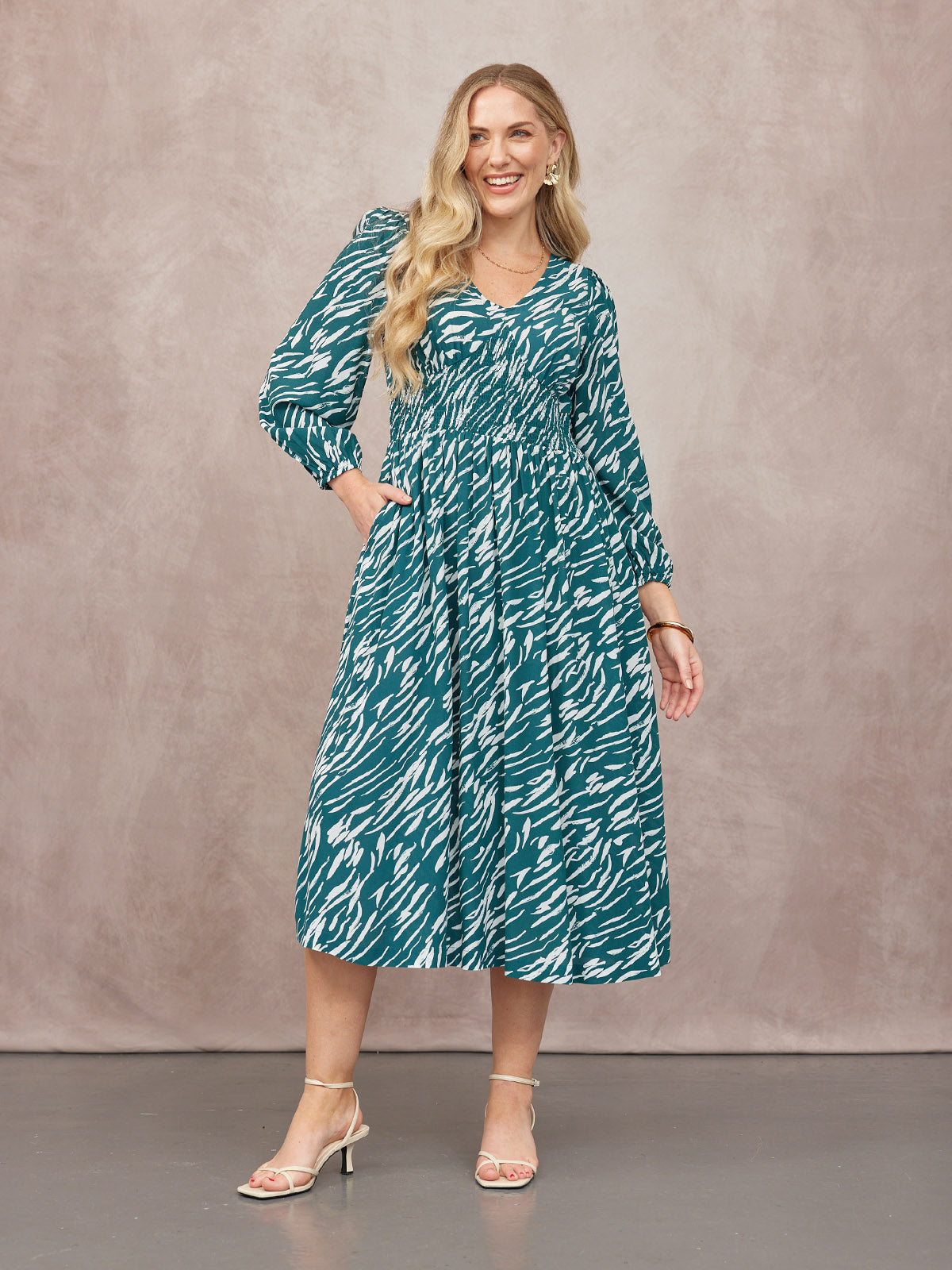 Maddie V-Neck Long Sleeve Dress - Abstract Animal Green & Ecru Print