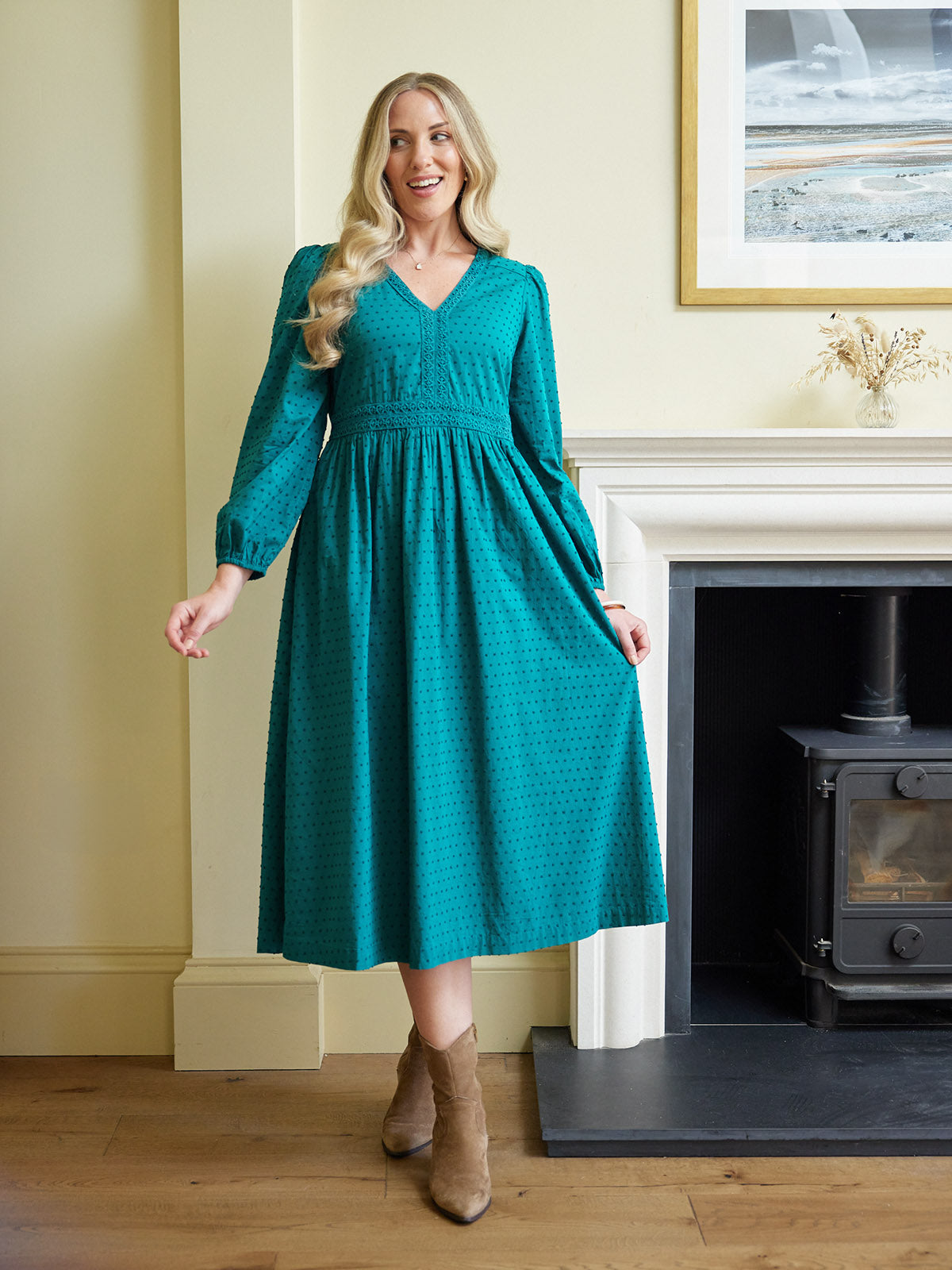 Luisa Swiss Dot Cotton Trim Detail Dress - Teal