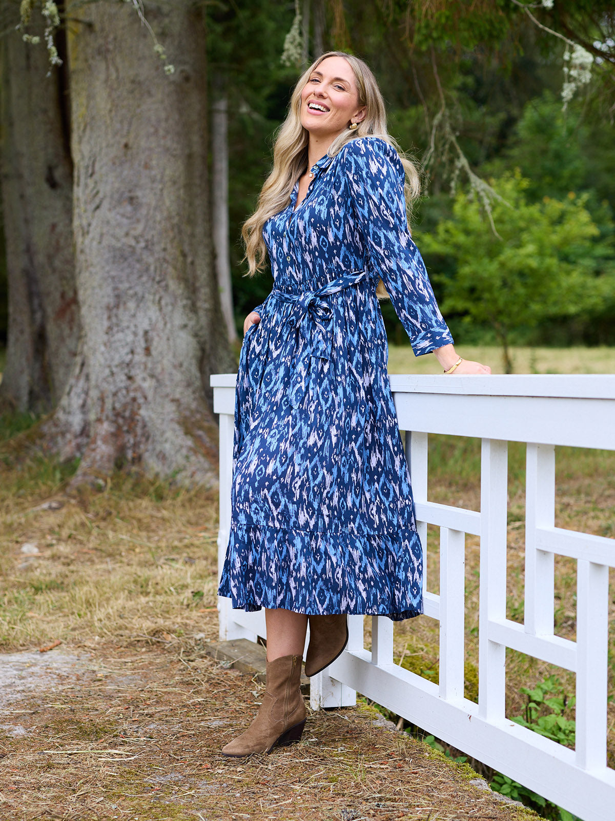 Kirsty Shirt Dress - Blue Ikat Print
