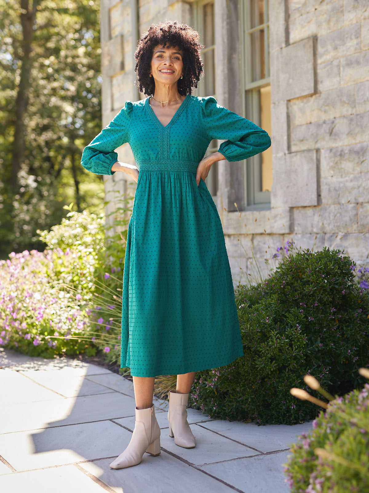 Luisa Swiss Dot Cotton Trim Detail Dress - Teal