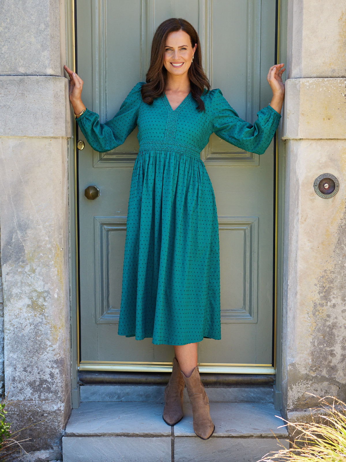 Luisa Swiss Dot Cotton Trim Detail Dress - Teal