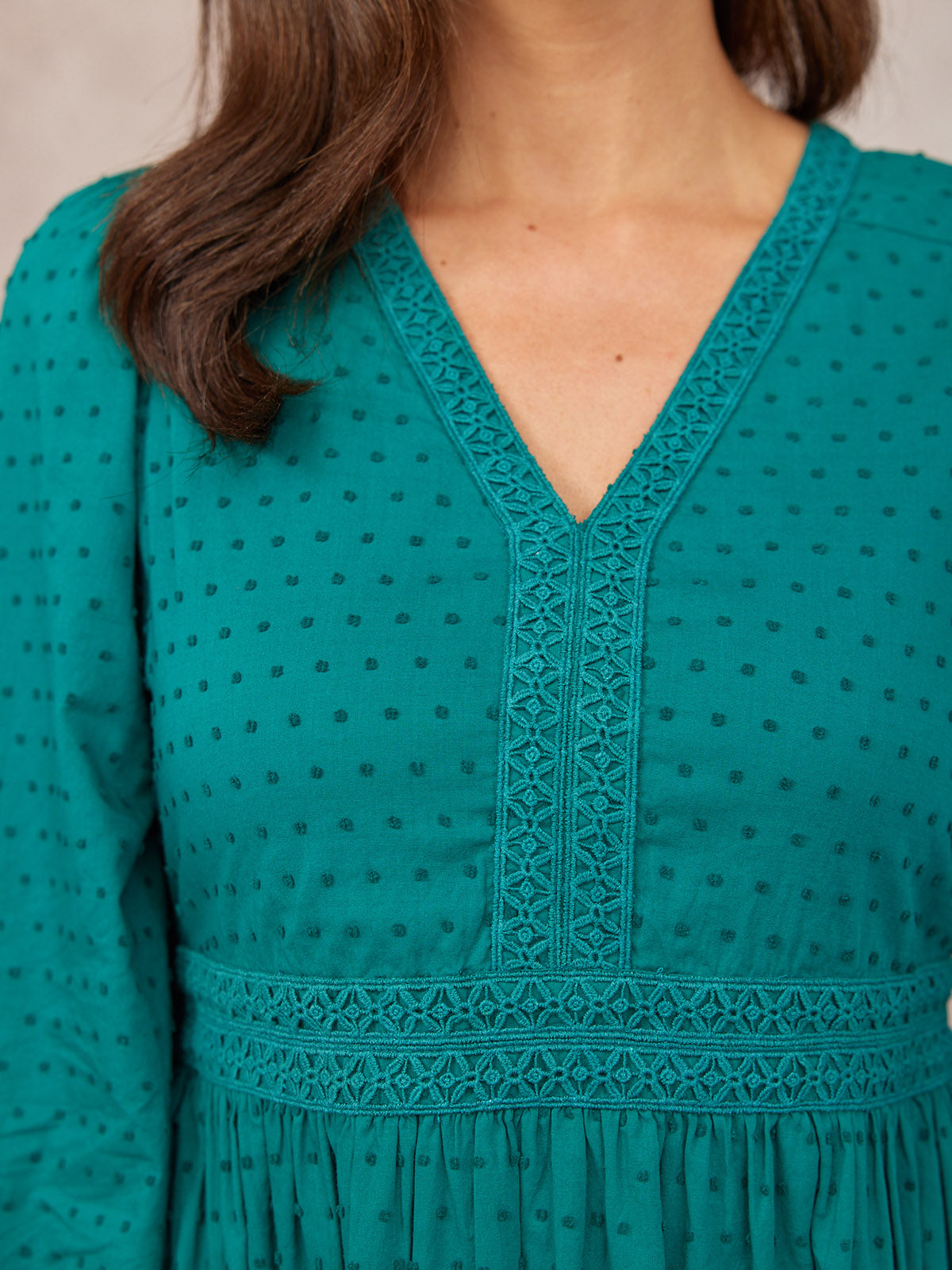 Luisa Swiss Dot Cotton Trim Detail Dress - Teal