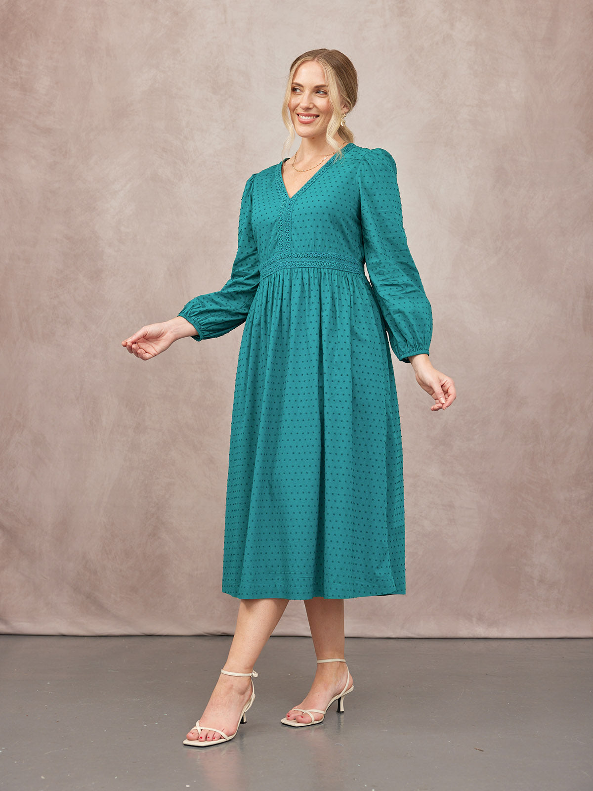Luisa Swiss Dot Cotton Trim Detail Dress - Teal