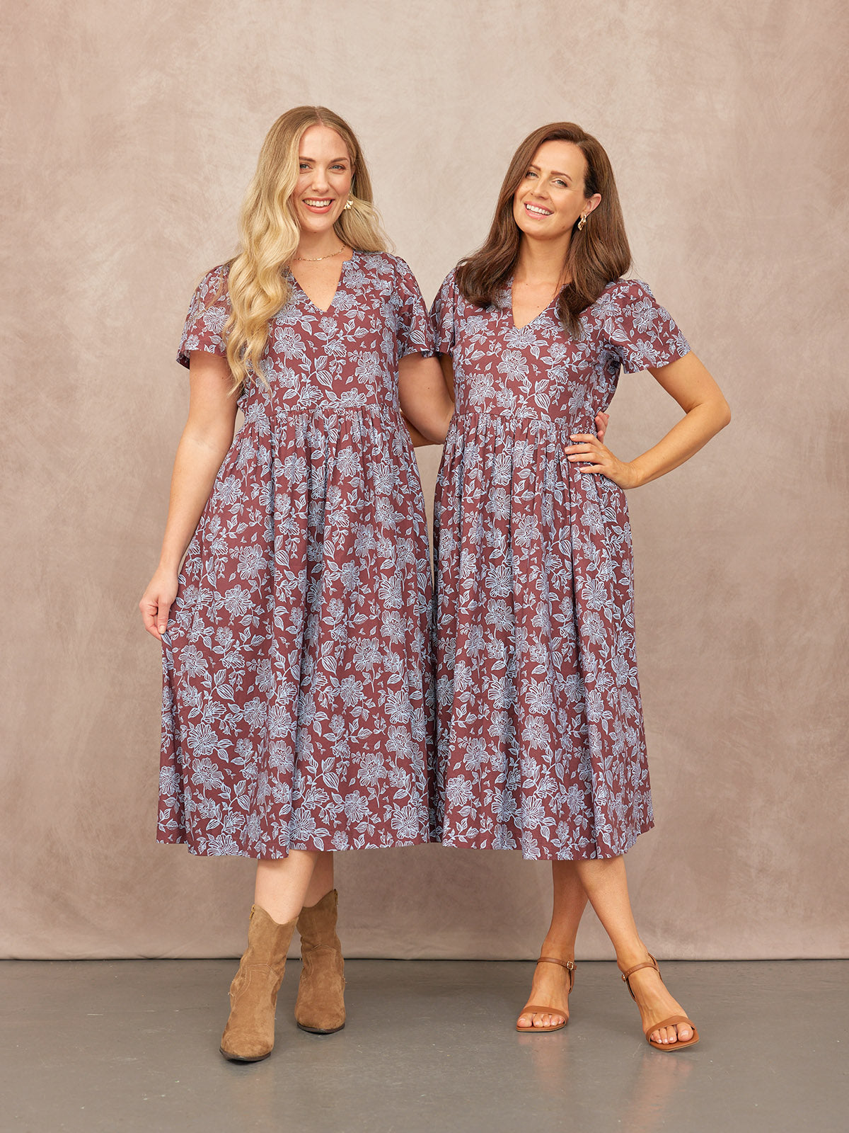 Leah Angel Sleeve Dress - Brown & Blue Floral Print