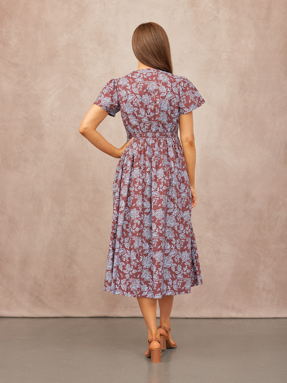 Leah Angel Sleeve Dress - Brown & Blue Floral Print