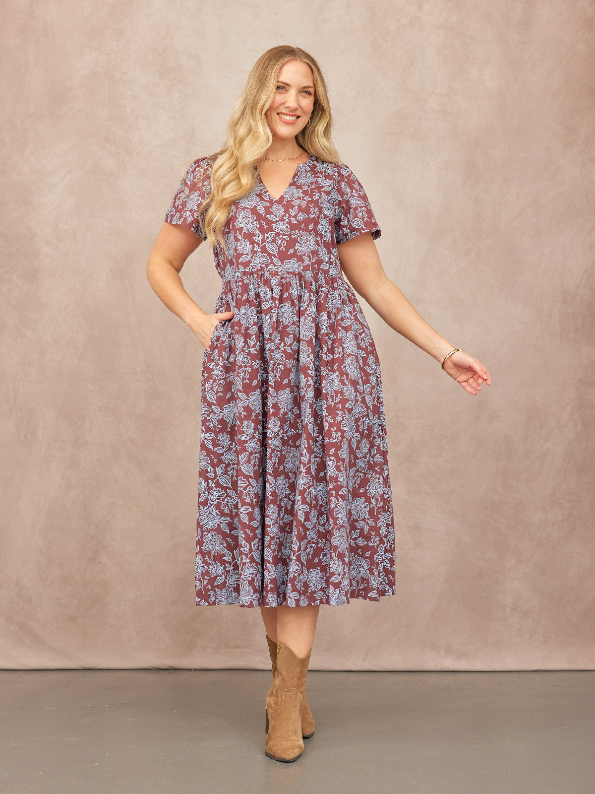 Leah Angel Sleeve Dress - Brown & Blue Floral Print