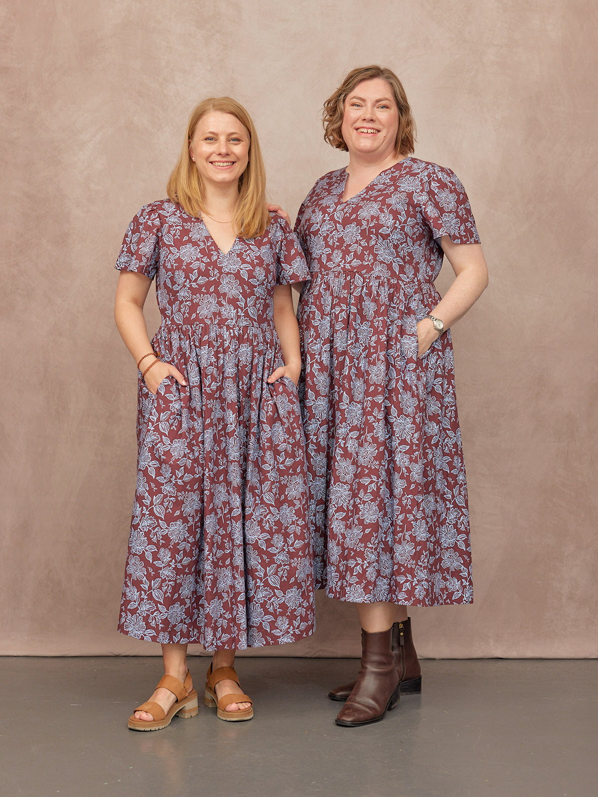 Leah Angel Sleeve Dress - Brown & Blue Floral Print