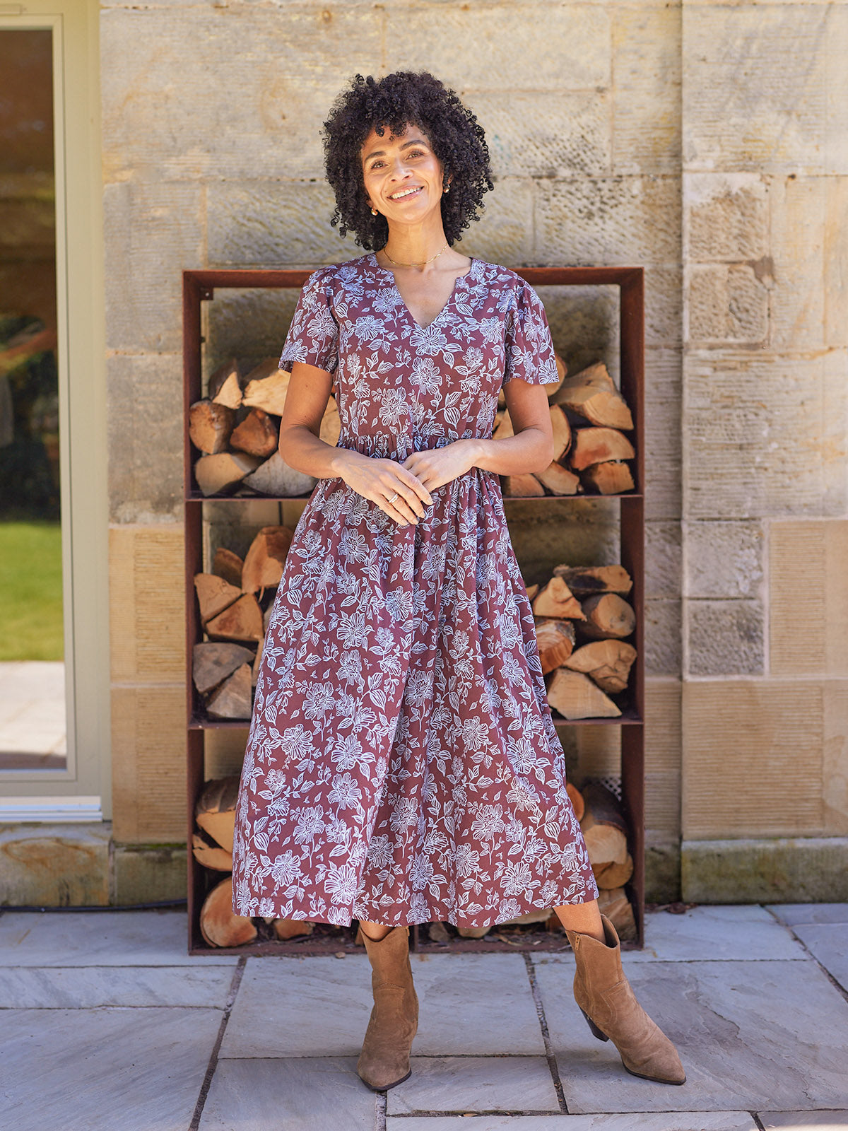 Leah Angel Sleeve Dress - Brown & Blue Floral Print