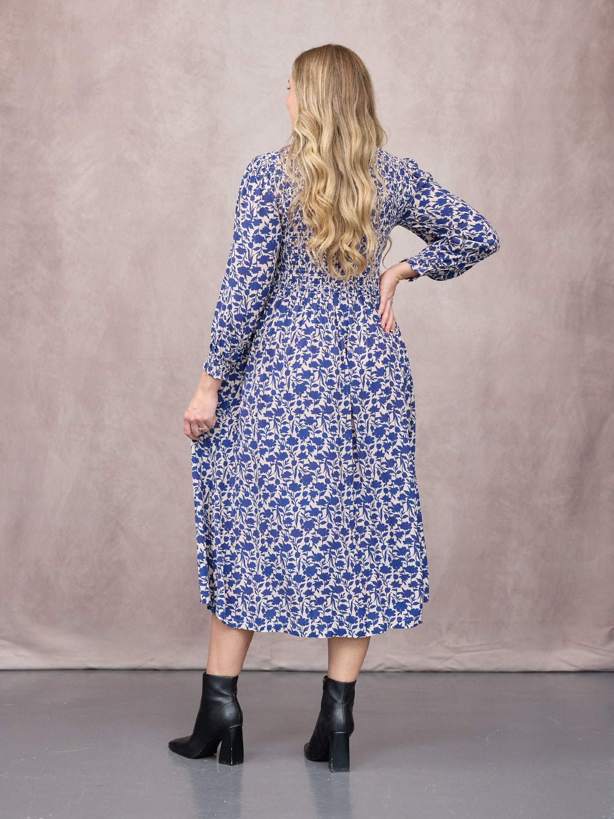 Jenny Shirred Bodice Dress - Navy Shadow Floral Print