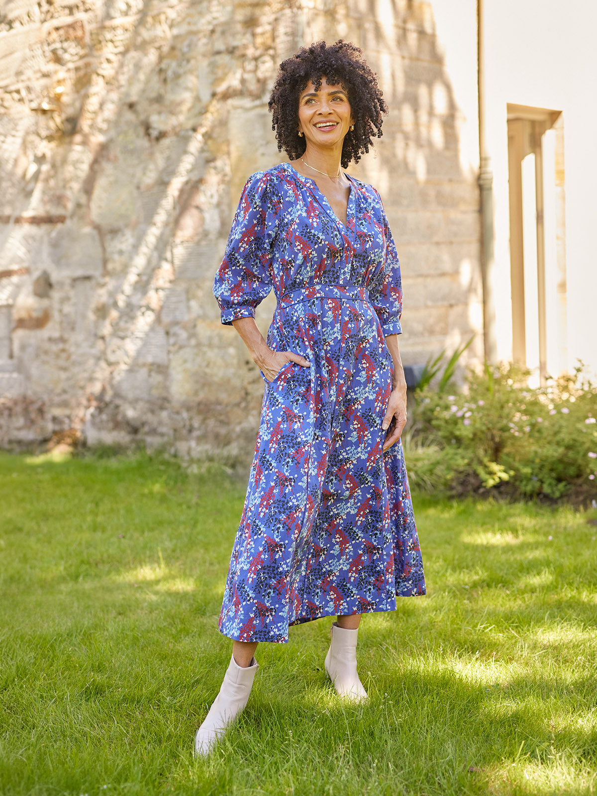 Jackie Contrast Trim Dress - Blue & Multi Floral Print