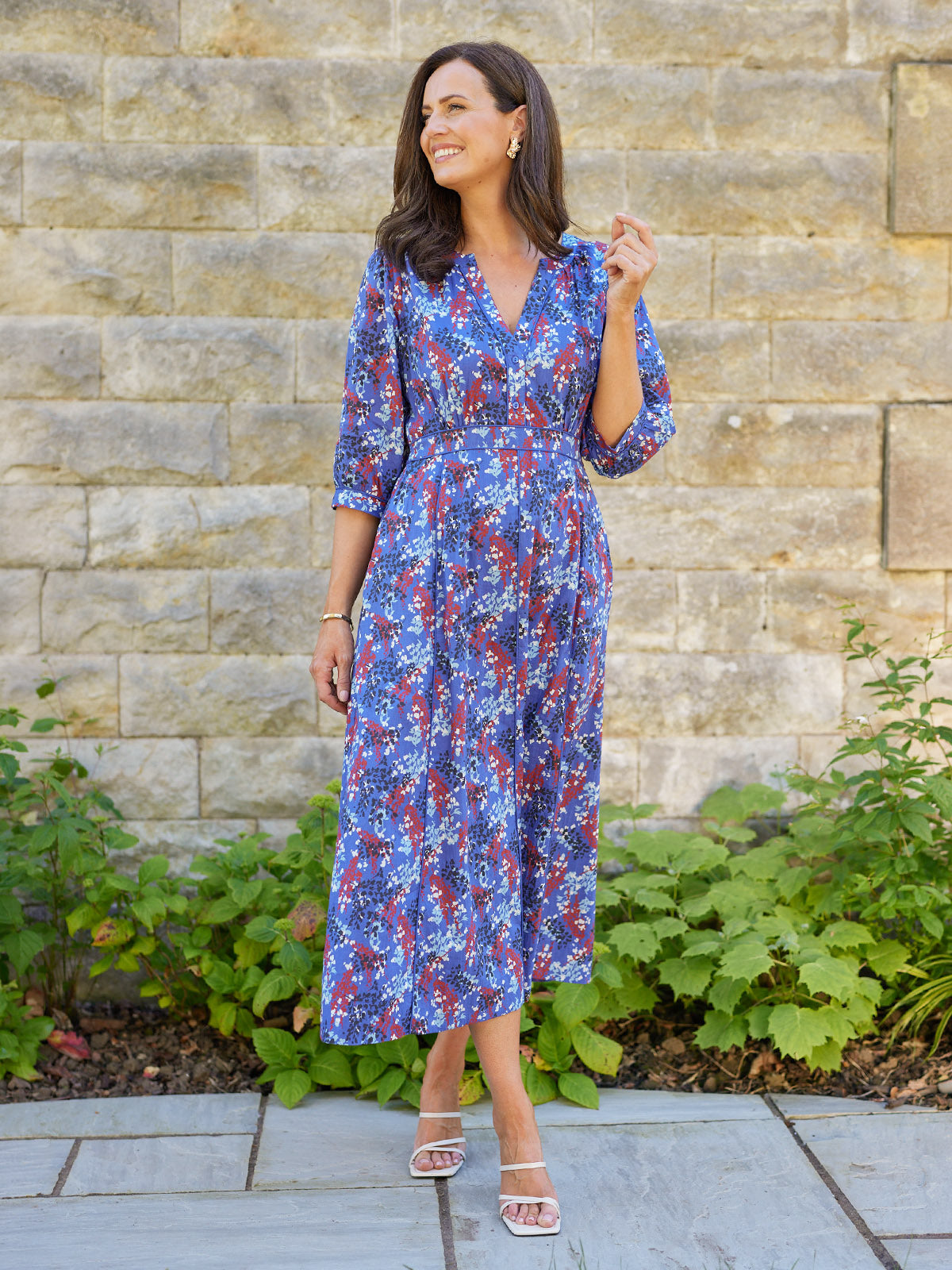 Jackie Contrast Trim Dress - Blue & Multi Floral Print