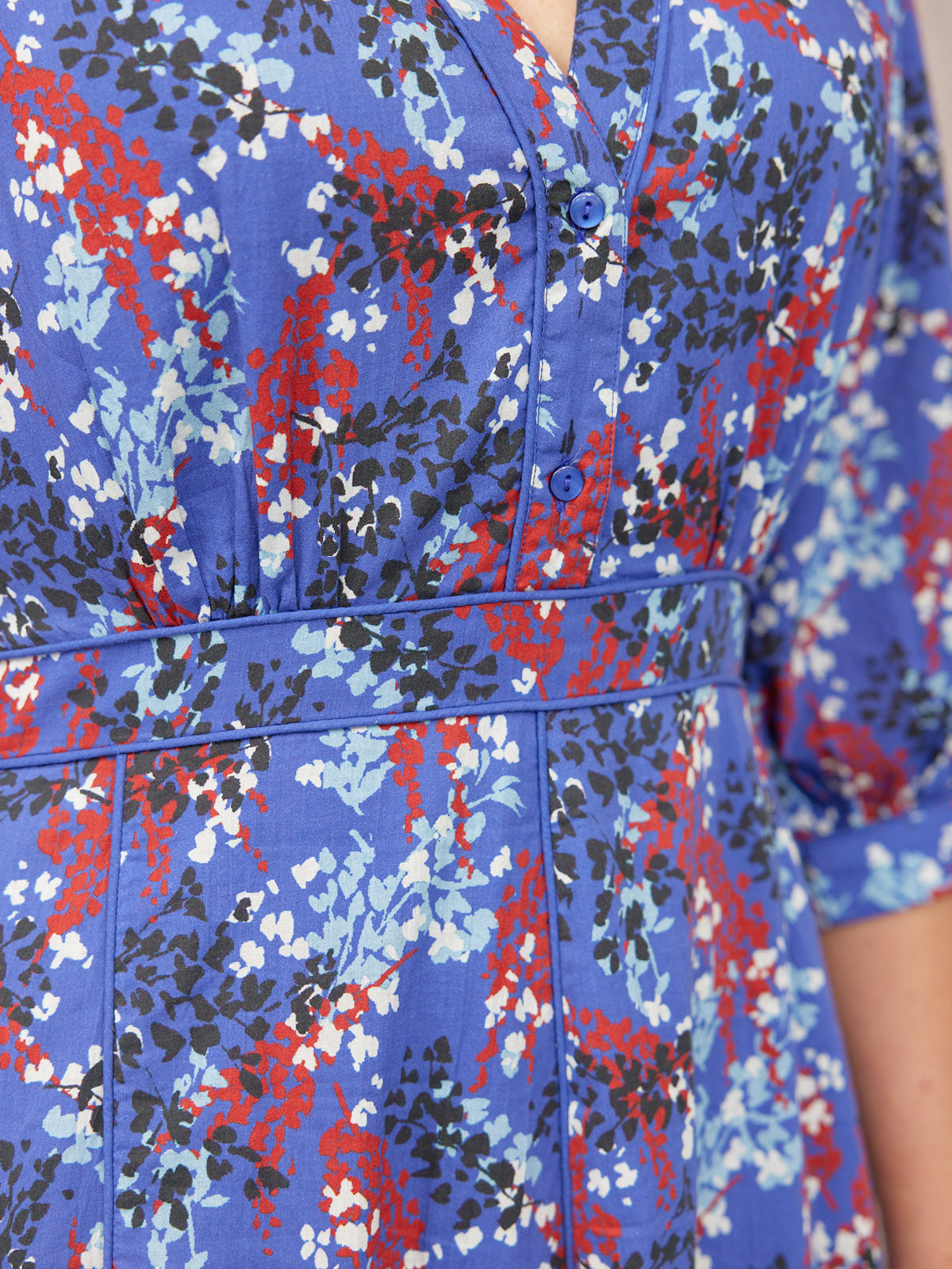 Jackie Contrast Trim Dress - Blue & Multi Floral Print