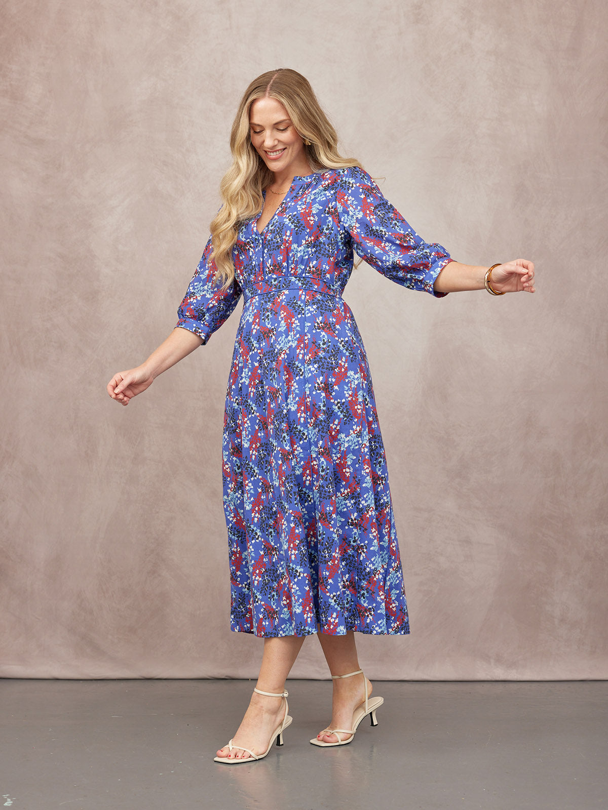 Jackie Contrast Trim Dress - Blue & Multi Floral Print