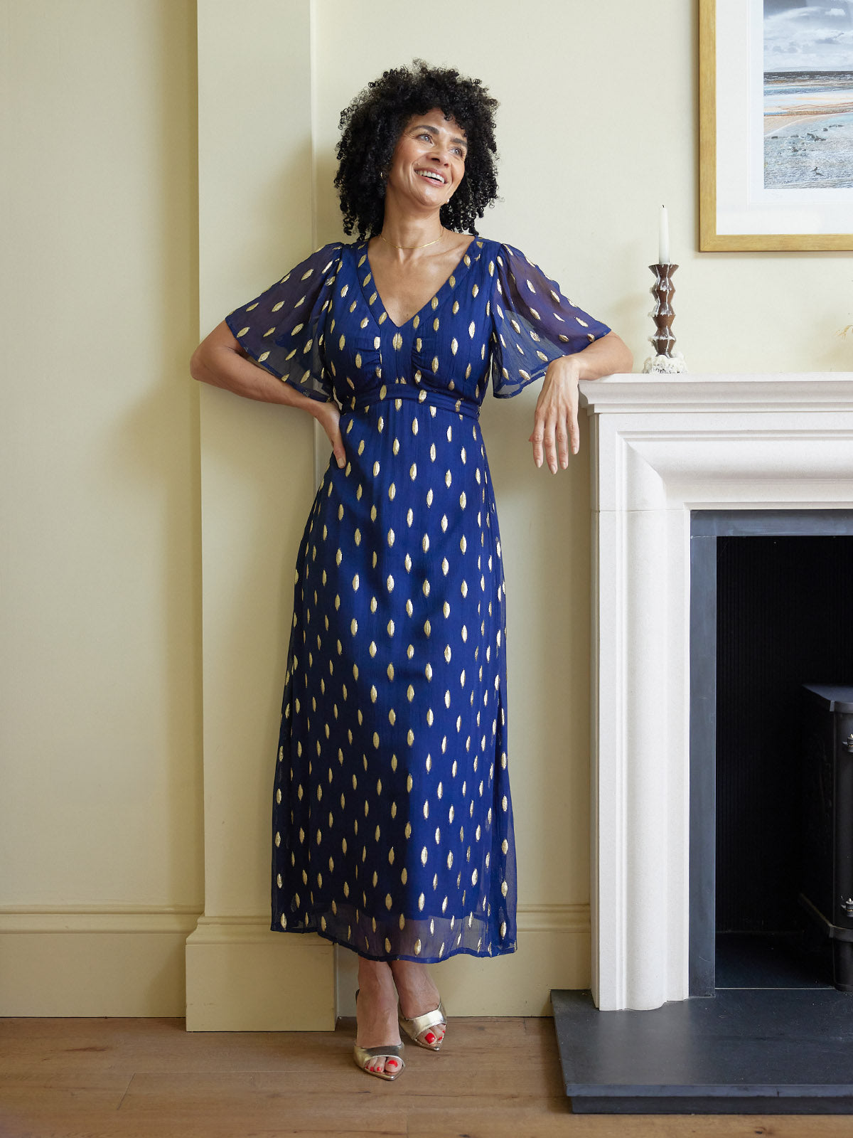 Helena Angel Sleeve Lurex Dress - Navy & Gold