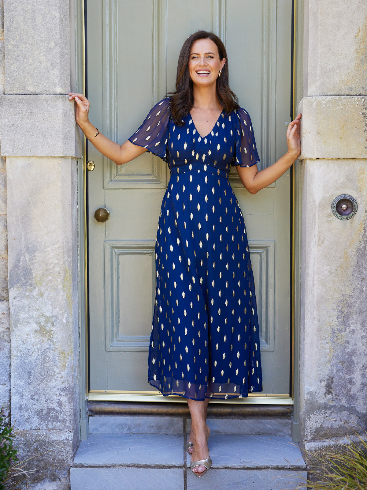 Helena Angel Sleeve Lurex Dress - Navy & Gold