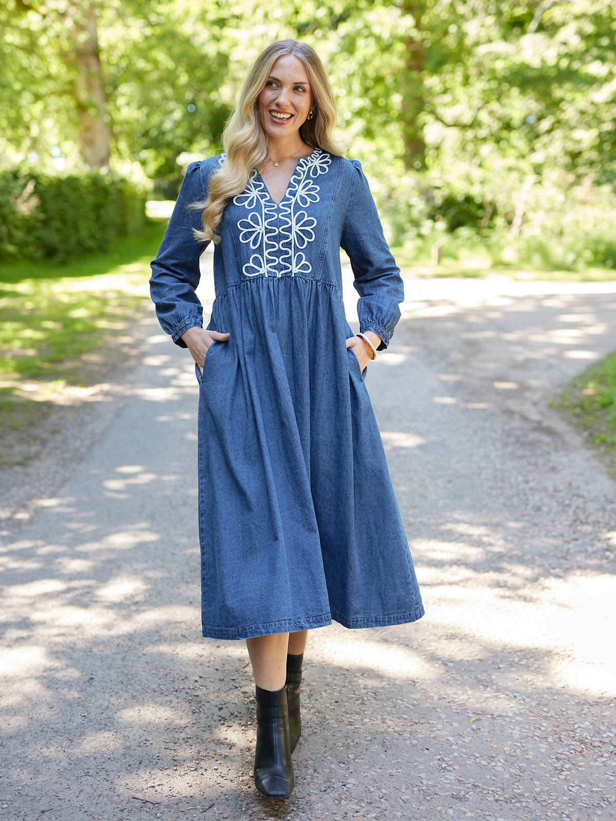 Gina Floral Decor Detail Denim Dress - Blue