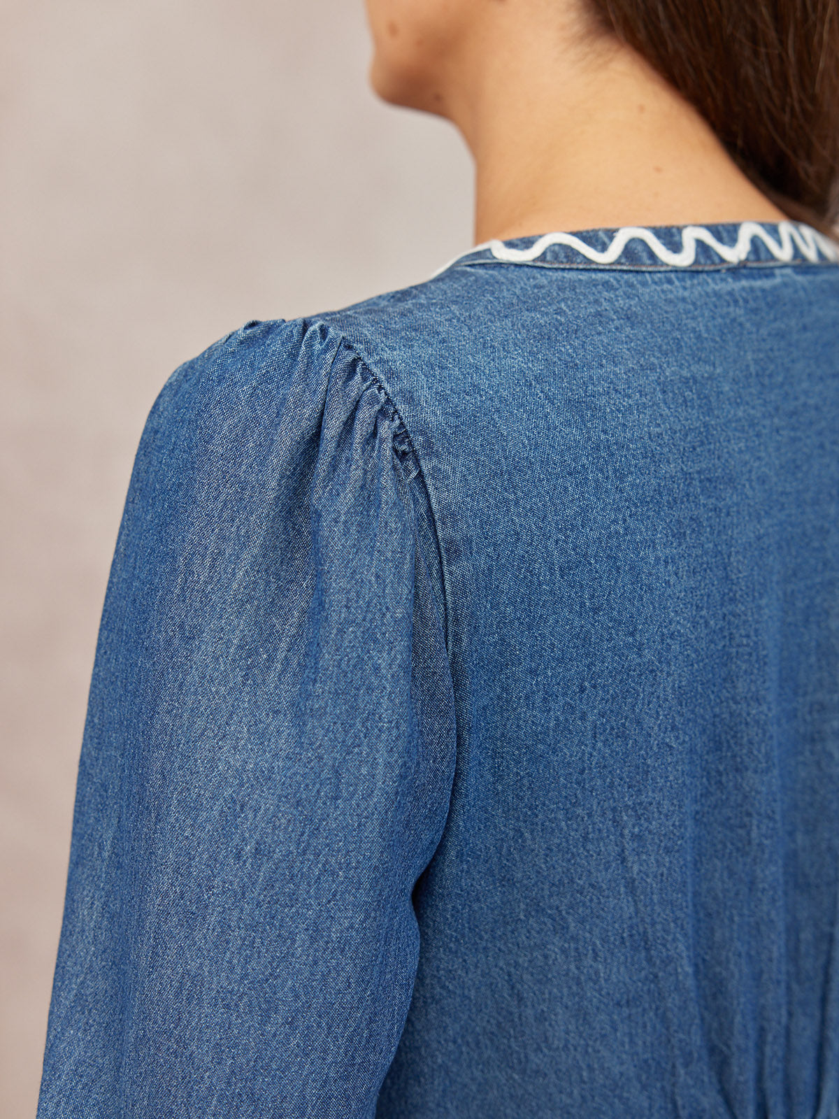 Gina Floral Decor Detail Denim Dress - Blue