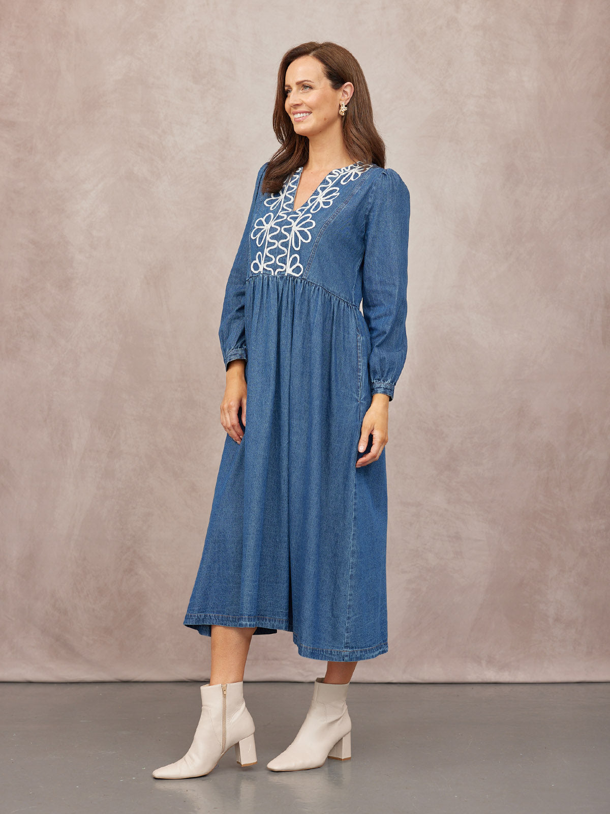 Gina Floral Decor Detail Denim Dress - Blue