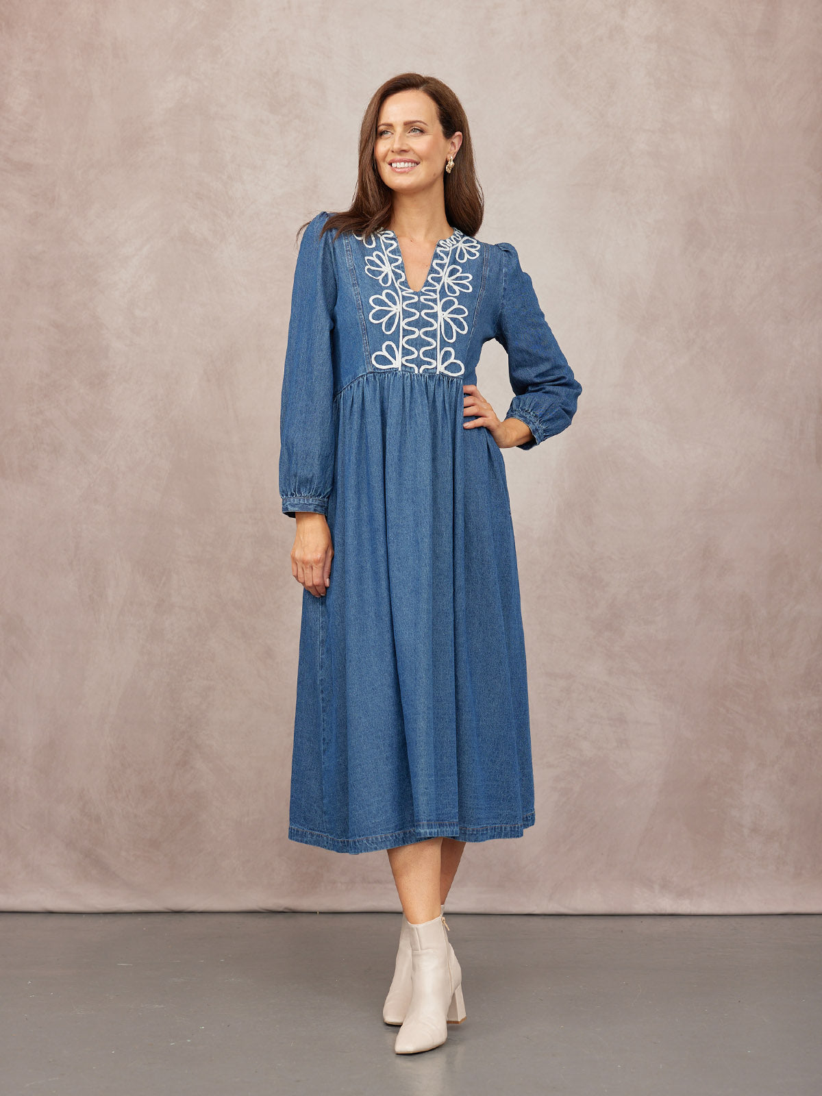 Gina Floral Decor Detail Denim Dress - Blue