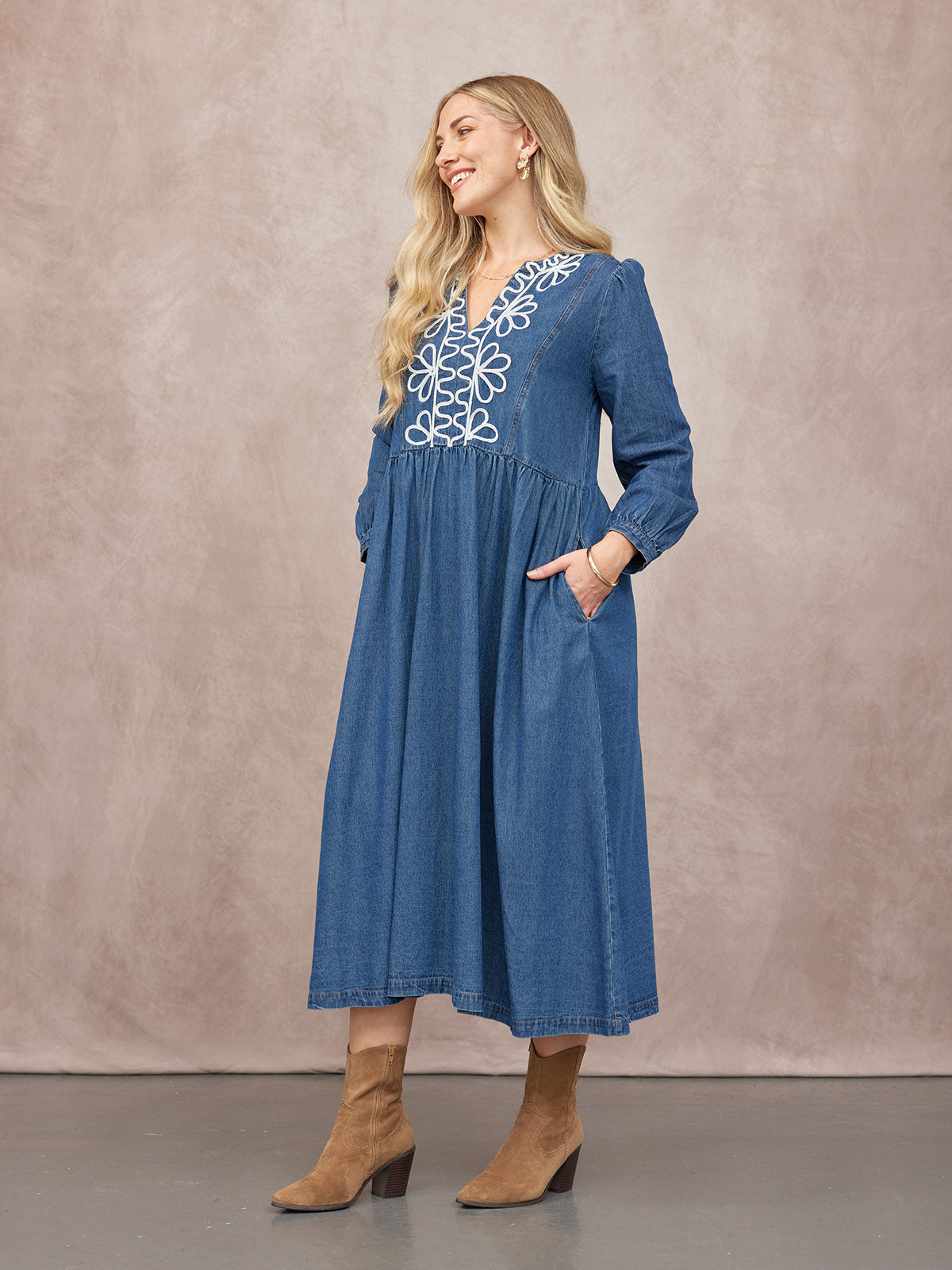Gina Floral Decor Detail Denim Dress - Blue