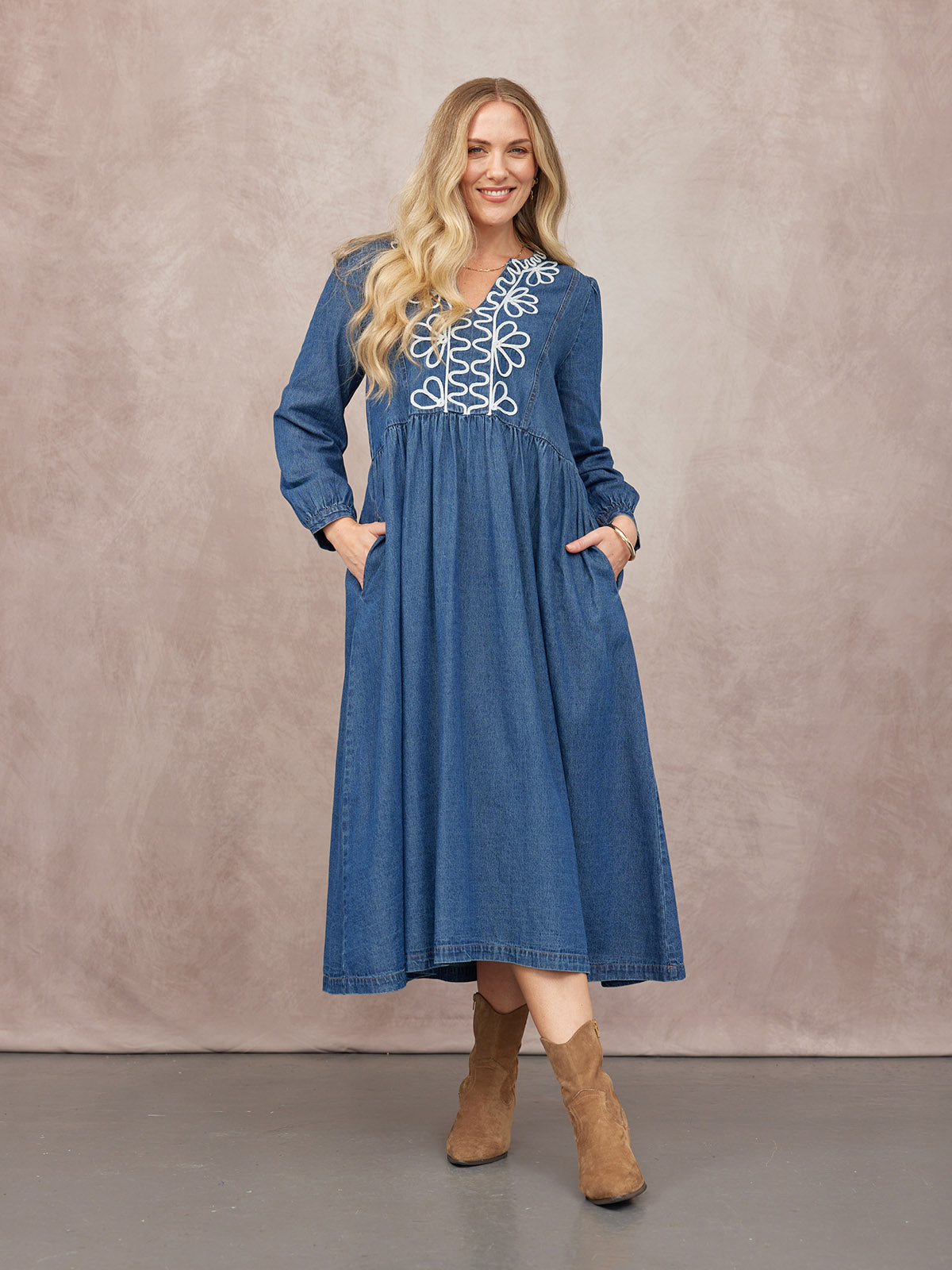 Gina Floral Decor Detail Denim Dress - Blue
